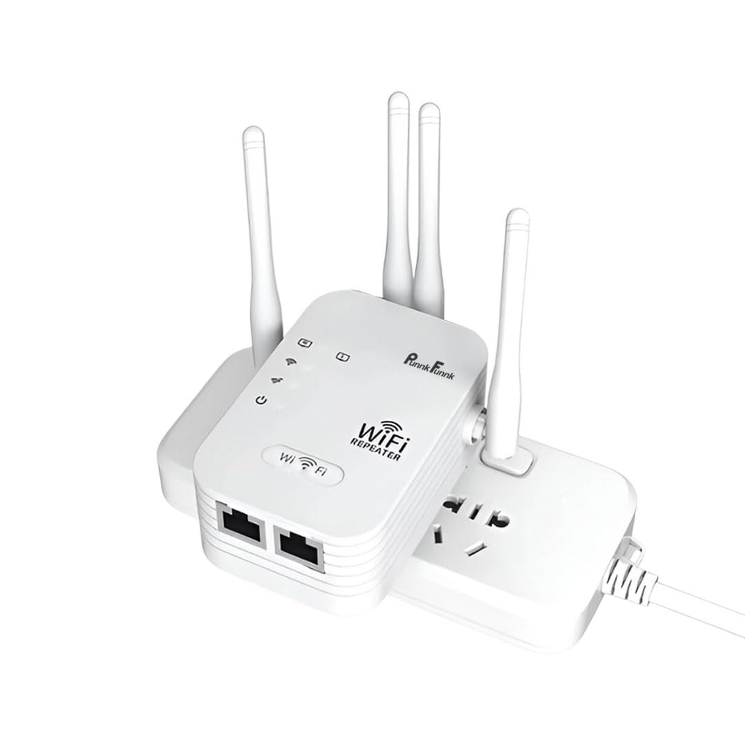PunnkFunnk WiFi Range Extender | 300Mbps | 2.4GHz Wireless Repeater with 4 Antennas, Dual LAN Ports | Router & Access Point Mode | Plug & Play Setup for Home & Office