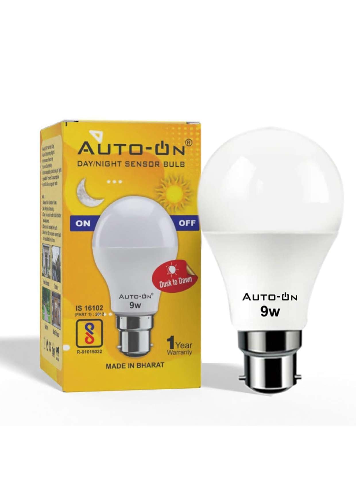 Auto-ON Day/Night Sensor 9W Smart LED Bulb, Soft White, Built-in Dusk to Dawn Sensing, 6th Gen Chip Technology, B22 Base, with Surge Protector. Pack Of 1(One Year Warranty)