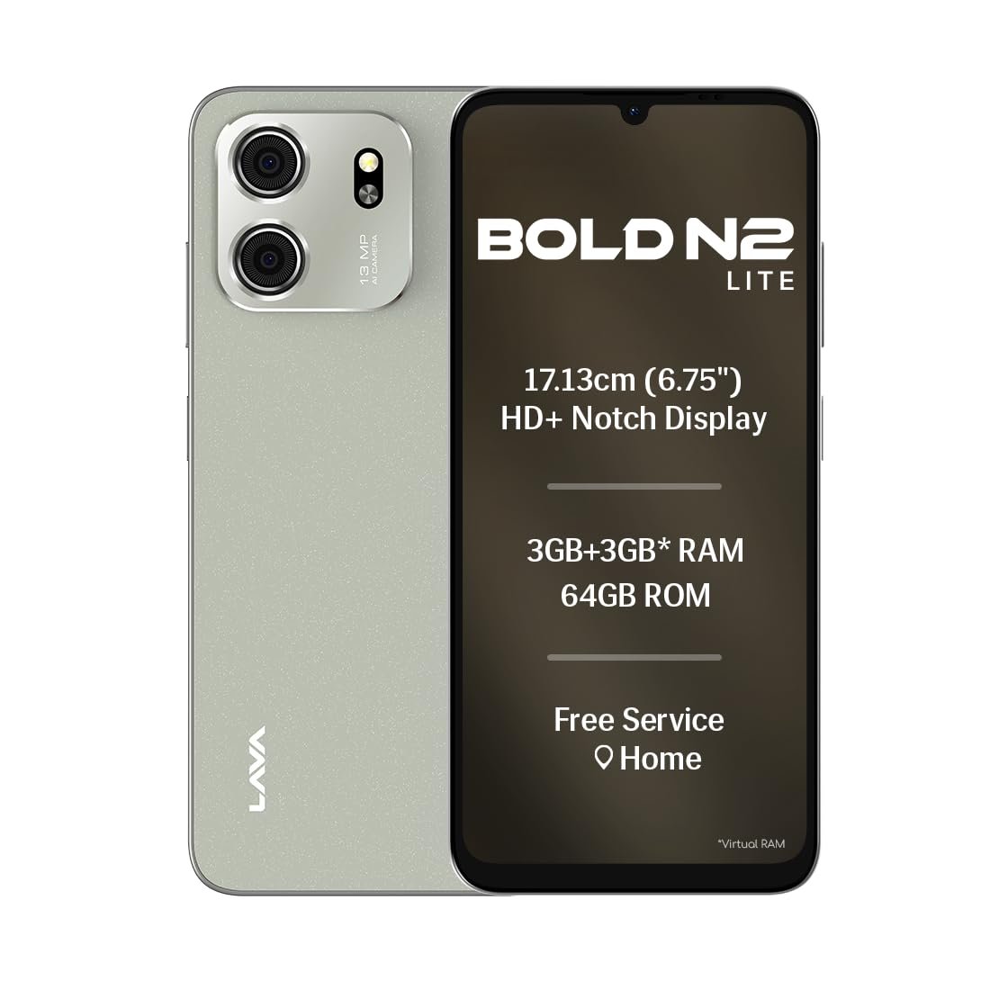 Lava Bold N2 Lite (Kolar Gold, 3 GB RAM, 64 GB Storage) | 6.75" HD+ Display | 13MP AI Dual Rear Camera | 5000 mAh Battery | Secure Face Unlock | Fingerprint Reader | Charger & Phone-Cover in Box