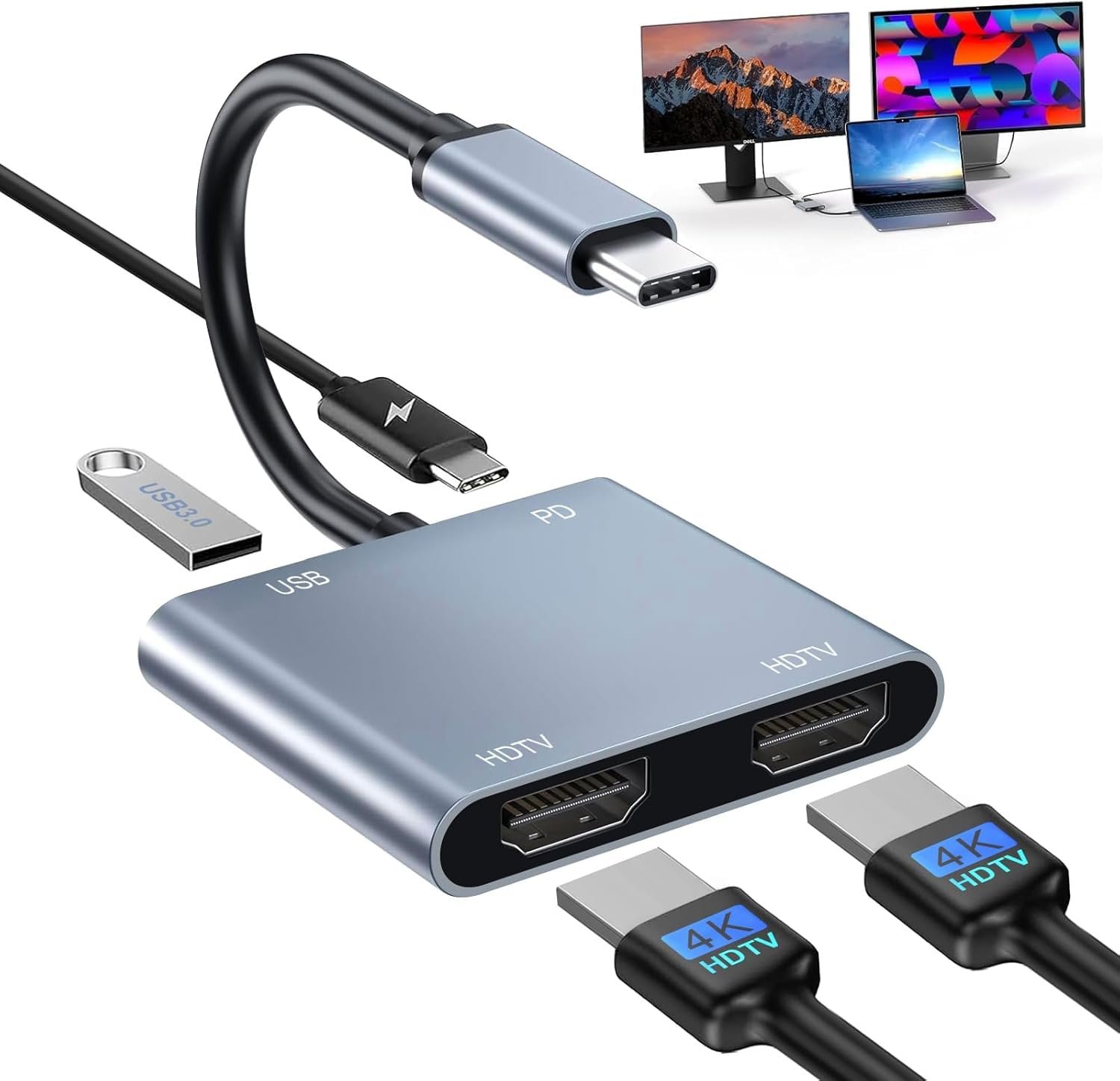 Laptop Docking Station Dual Monitor, USB C Docking Station Double Monitor Compatible for Dell/HP/Lenovo/Mac, Dual HDMI Adapter for 2 Monitors with 2 HDMIs 4K/USB3.0/PD, HDMI Splitter Extended Display