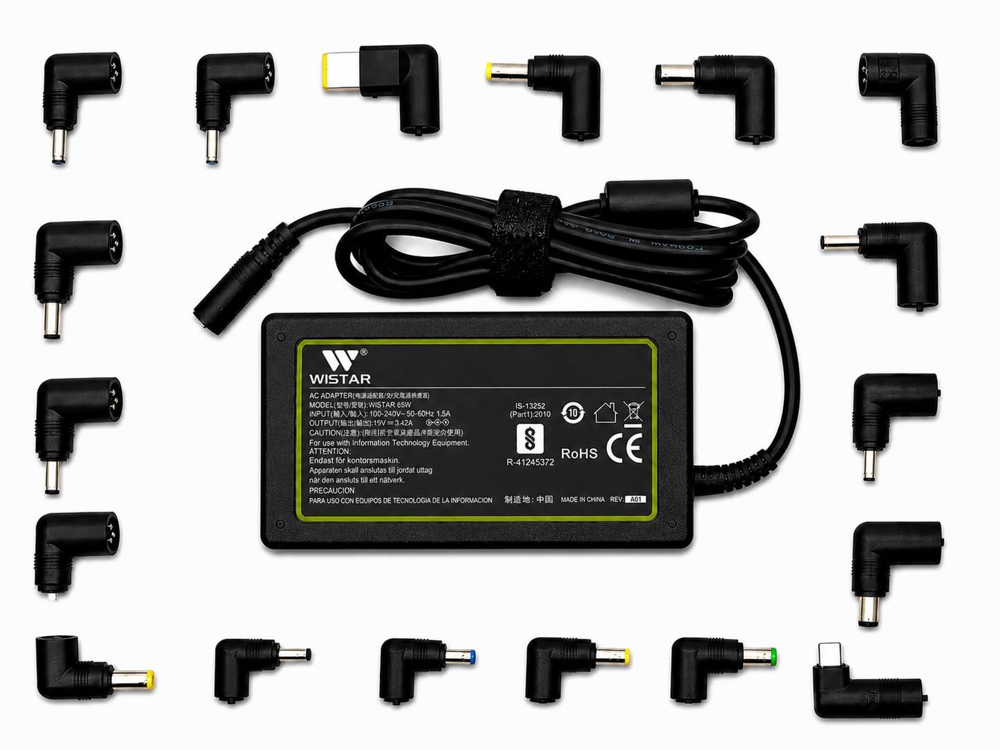 WISTAR 65Watt Universal Laptop Adapter with 18 Interchangeable Connector pins Compatible for Toshiba/HP/ASUS/Lenovo/Samsung/Sony/DELL/ACER/for All Type C 65W Laptop