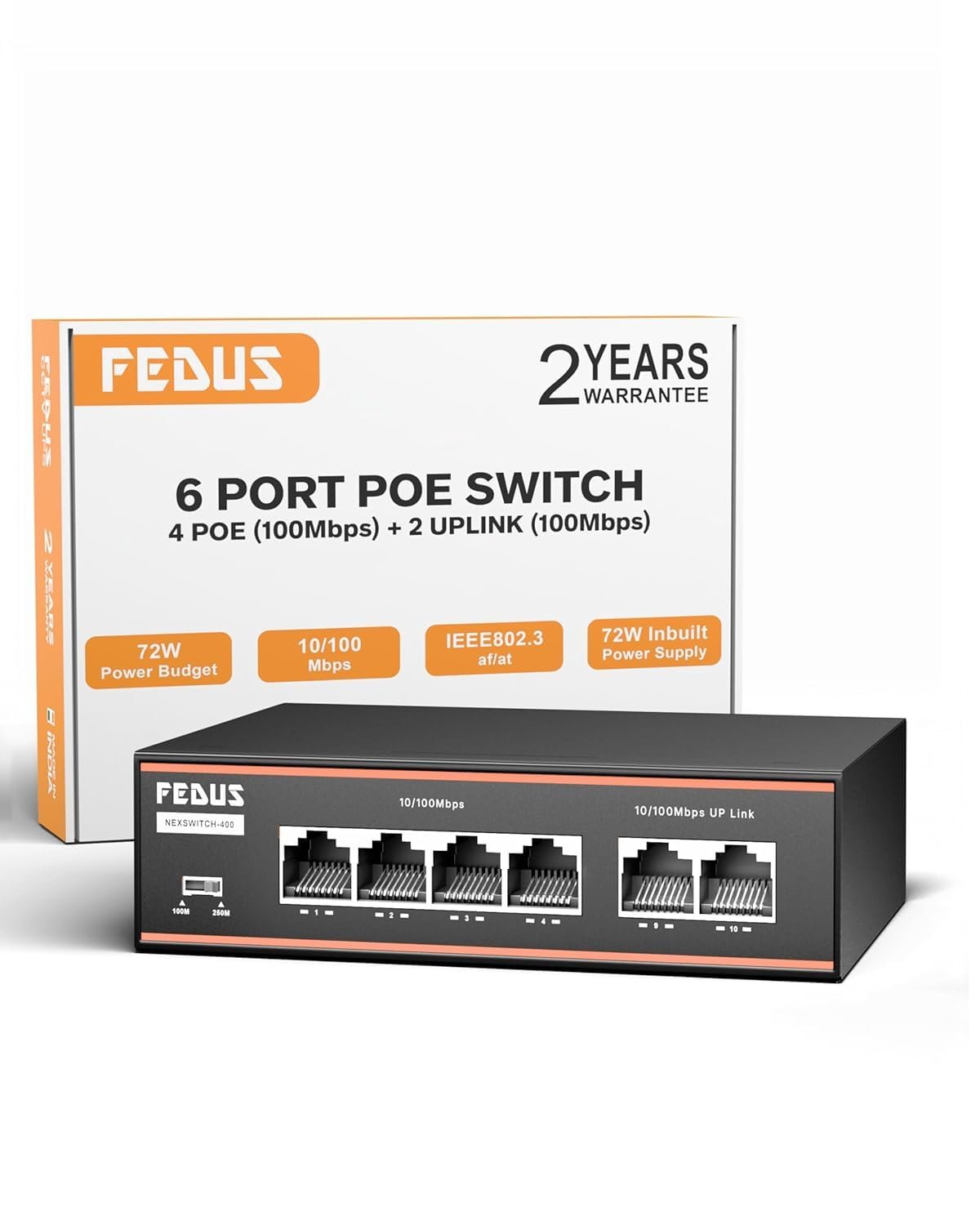FEDUS NextSwitch-400, 6 Port PoE Switch, 4 PoE Ports (10/100Mbps) + 2 Uplink, 72W Built-in Power Supply, 250m Extend Mode & VLAN Isolation, Unmanaged Ethernet Network Hub for IP CCTV Camera & NVR