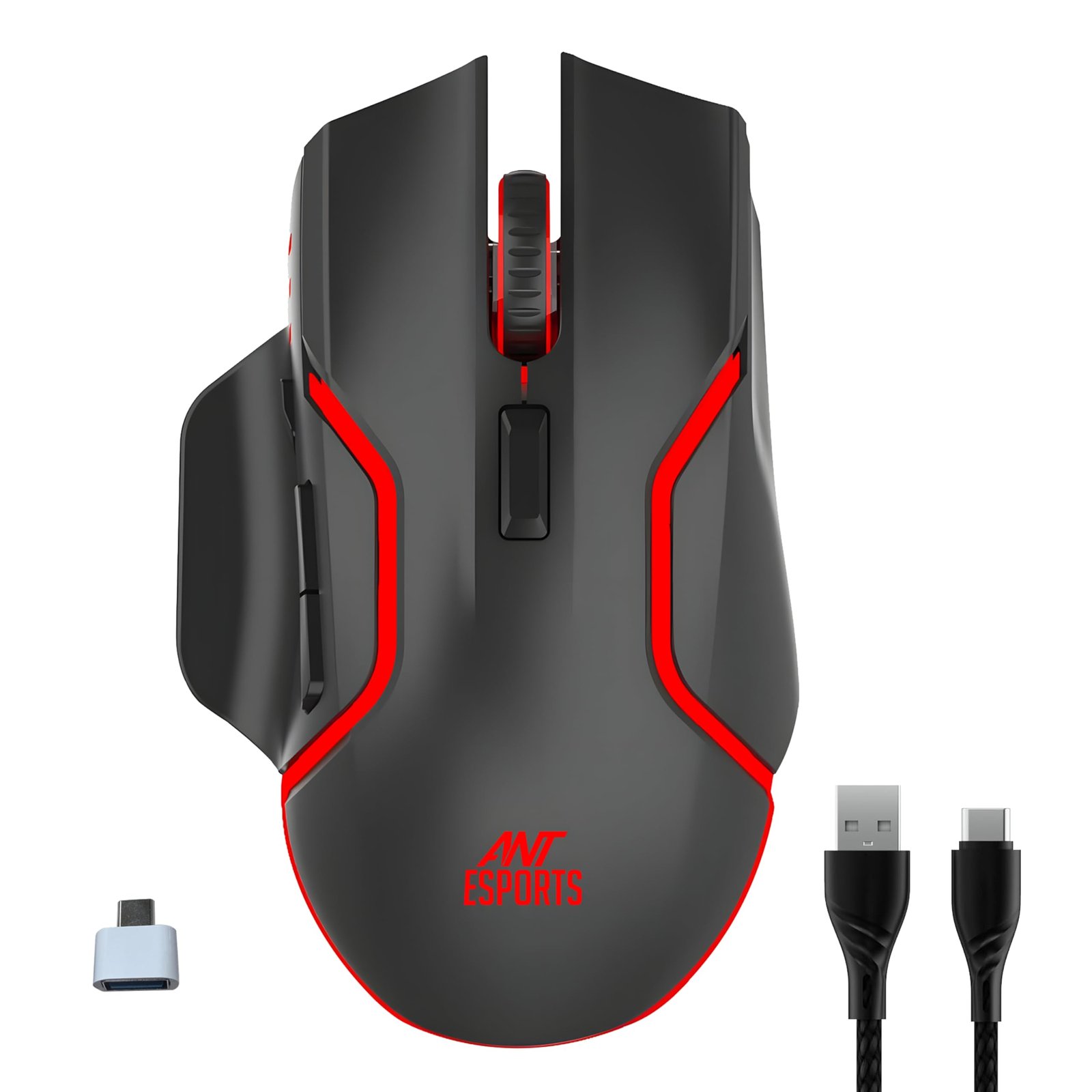 Ant Esports GM320 Pro Wireless Gaming Mouse RGB Backlit 3200 DPI Optical Sensor 2.4GHz USB Receiver Type-C Rechargeable Battery 8 Pre-Defined Buttons Ergonomic Lightweight Mouse for PC Laptop_ Black