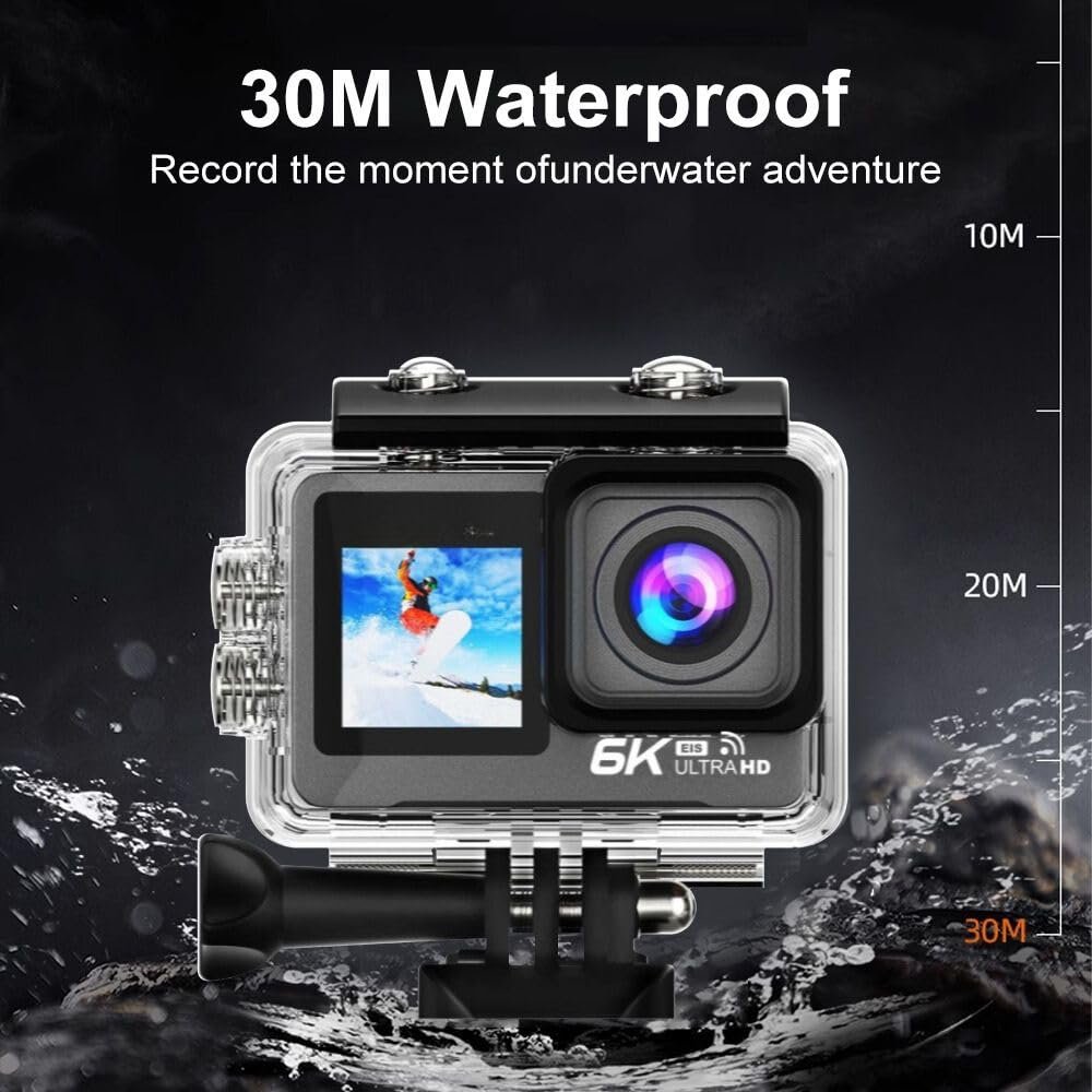 AJUK 6K Action Camera with 50MP Photos, EIS stabilization, Dual Touch Screens, WiFi, Remote Control, and 30M Waterproof case. Compatible with Android, iOS, Helmets, Bikes, Motorcycles, and tripods - Image 5