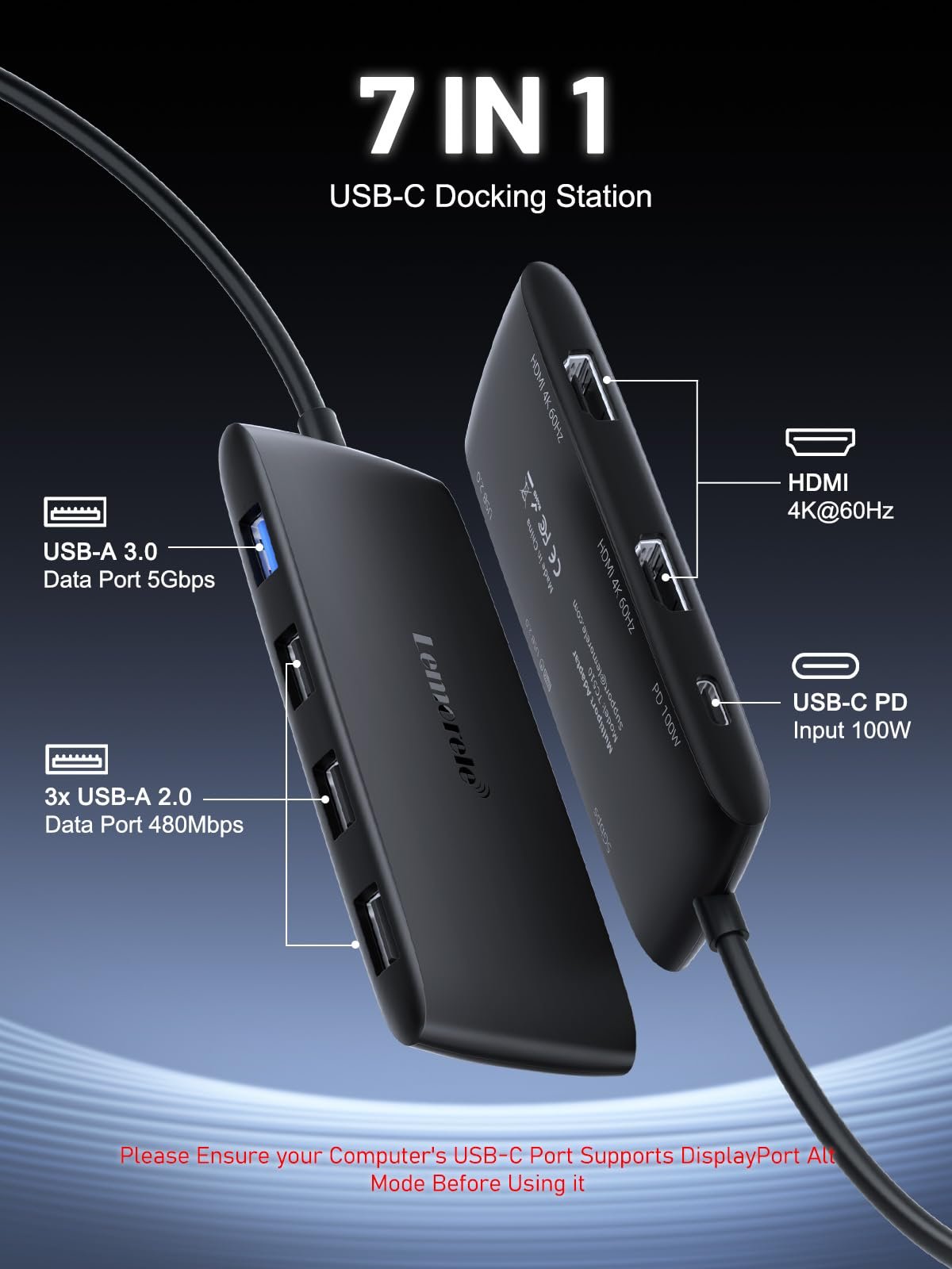 Lemorele USB C Hub Docking Station 7-in-1, Dual HDMI 4K 60Hz Display Adapter for MacBook Pro/Air, Dell, HP, Surface & Windows - Image 2