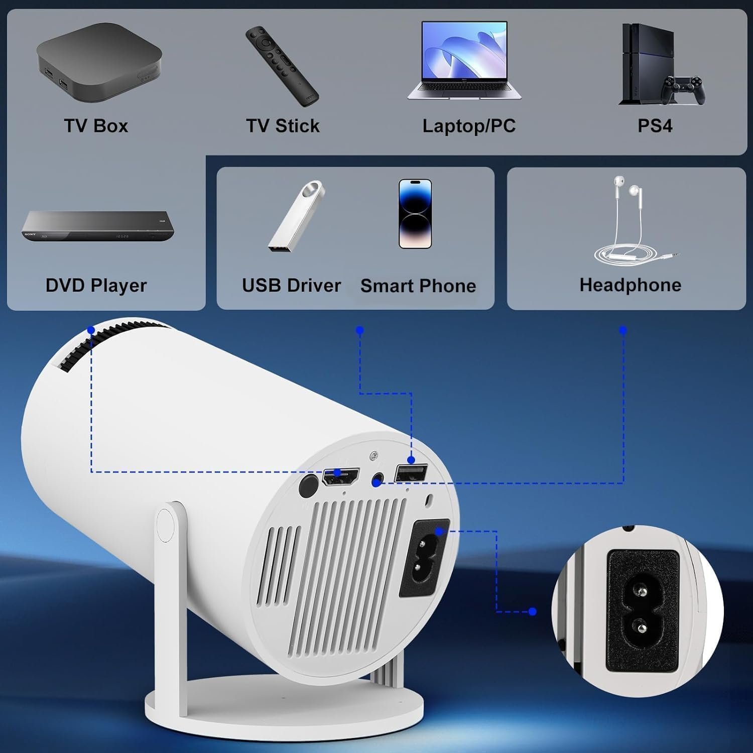 CAMLEIGH Smart Android 11 HD Projector | Native 1080P Support with 4K Decoding | 180° Rotatable Stand, Auto Keystone Correction | Home Theater for Mobile, TV Stick & Laptop - Image 4