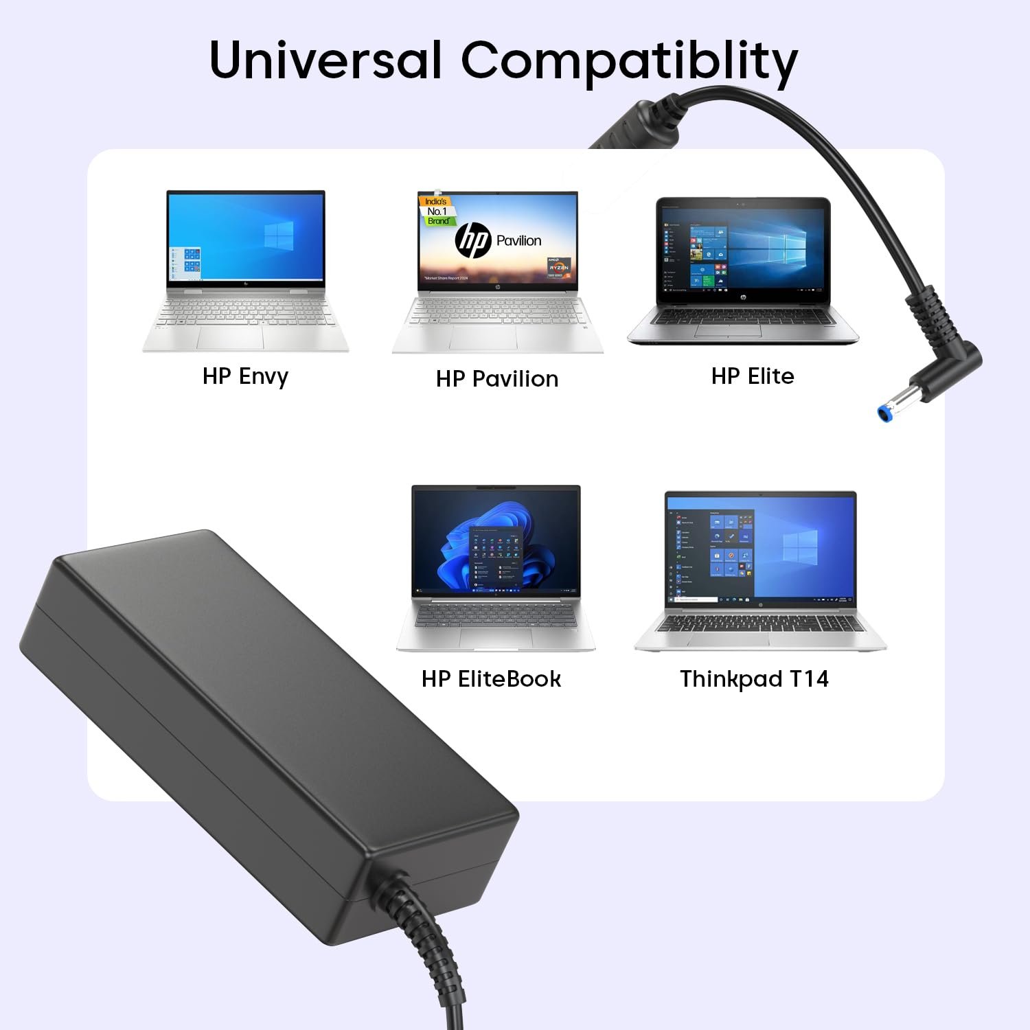 Sounce 65W HP Laptop Charger 4.5mm Blue Pin Adapter, Black - Image 6