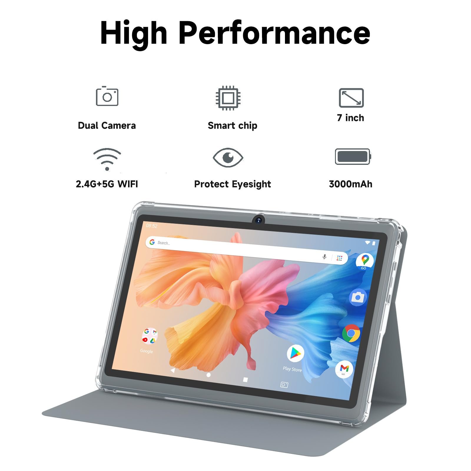 HOTTABLET Tablet 7 Inch Android 14.0 with Protective Case, 8GB (4+4GB Expand) RAM+32GB ROM, IPS Screen, Dual Camera, Bluetooth 5.0 WiFi Tab (Gray) - Image 4