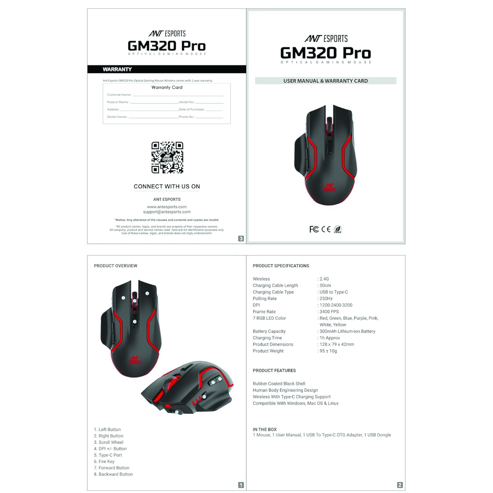 Ant Esports GM320 Pro Wireless Gaming Mouse RGB Backlit 3200 DPI Optical Sensor 2.4GHz USB Receiver Type-C Rechargeable Battery 8 Pre-Defined Buttons Ergonomic Lightweight Mouse for PC Laptop_ Black - Image 6