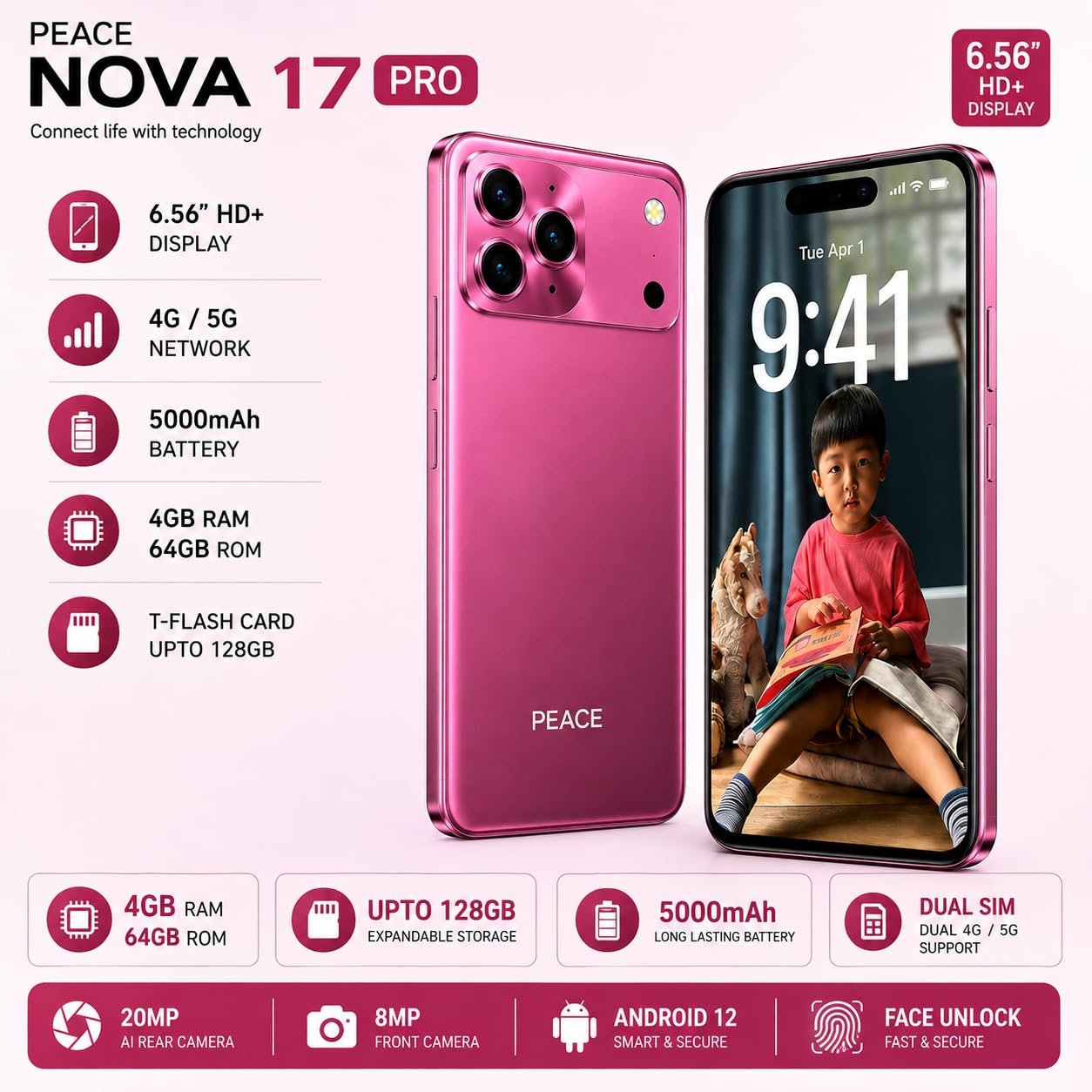 PEACE NOVA 17 Pro 4G Smartphone with 6.56-inch Display, Android 14, 4GB RAM, 64GB Storage, 20MP Camera, 5000mAh Battery (Silver) - Image 2