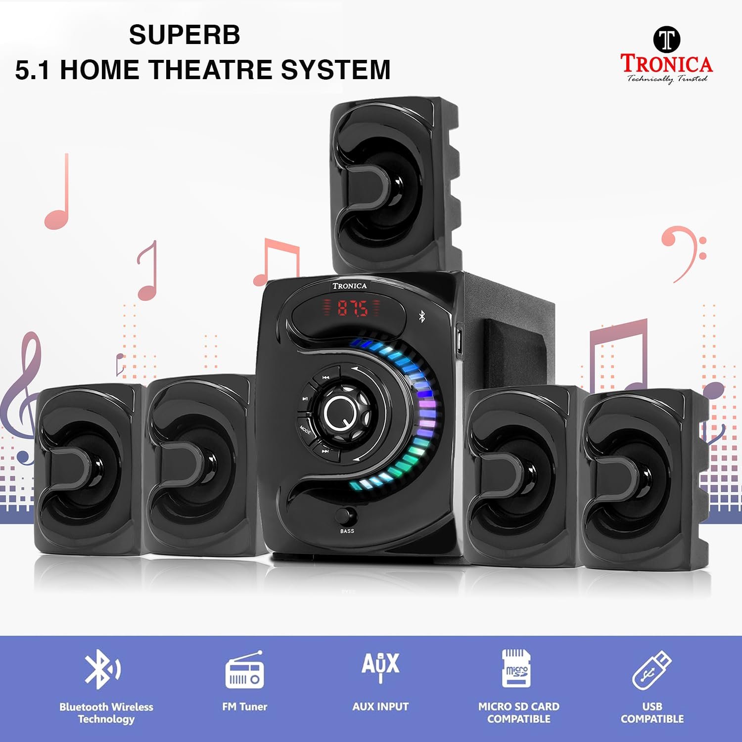 TRONICA 444 Superb 5.1 Bluetooth Home Theater System 45W with FM/PenDrive/Sd Card/Mobile/Aux Support & Remote - Image 9