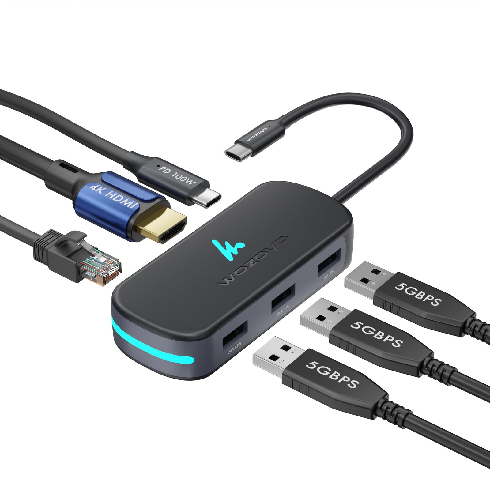 Type C 6 in 1 Wozoyo Docking Station with 3XUSB 5Gbps (3.2 Gen 1),4K@60Hz HDMI,1Gbps Ethernet & PD 100W,USB-C Hub,Thunderbolt 4 Compatible,Universal Compatibility with macOS, Windows, Android & iOS