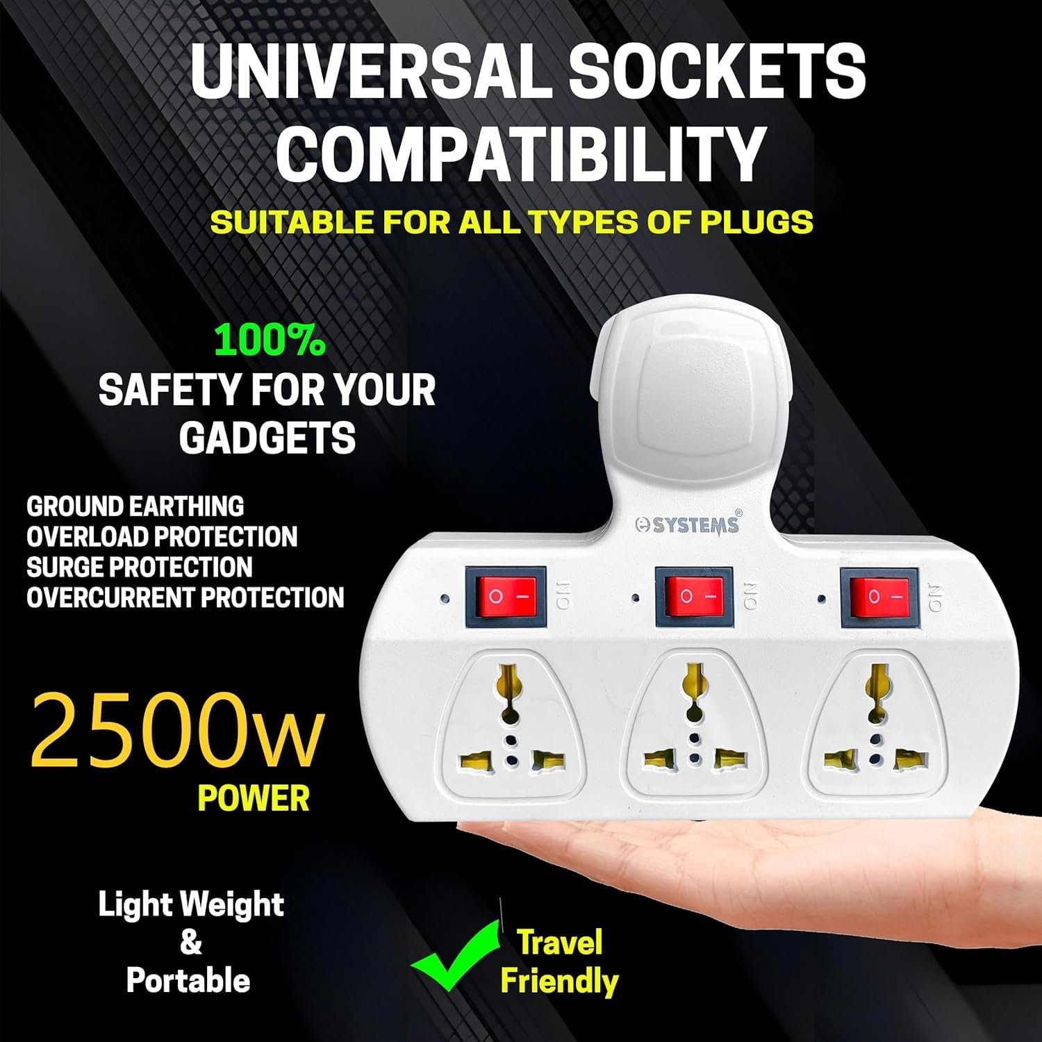 eSYSTEMS 3+3 Socket Adaptor, Multi Plug Points with LED Indicator & Individual Switches Extension Board (Cordless) - Image 2