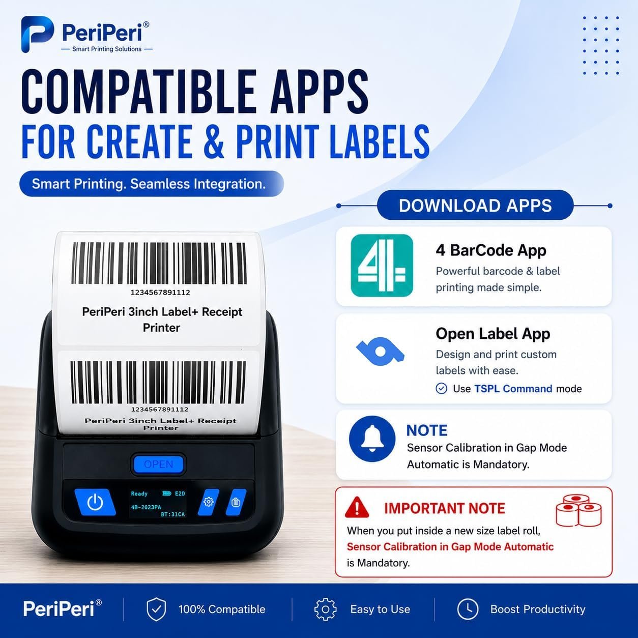 PeriPeri 3Inch Heavy Duty USB+Bluetooth Label + Receipt 2in1 Thermal Printer, Inkless Portable Printer for Print Labels Receipt Bill Compatible with iOS, Android, Windows & Mac (1 Year Warranty) - Image 5