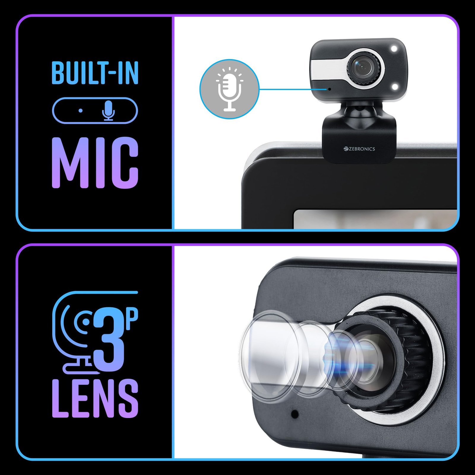 Zebronics Zeb-Crystal Clear Web Camera, 0.3 MP with USB with 3P Lens,Built-in Microphone,Auto White Balance,Night Vision and Manual Switch for LED (Black) - Image 6