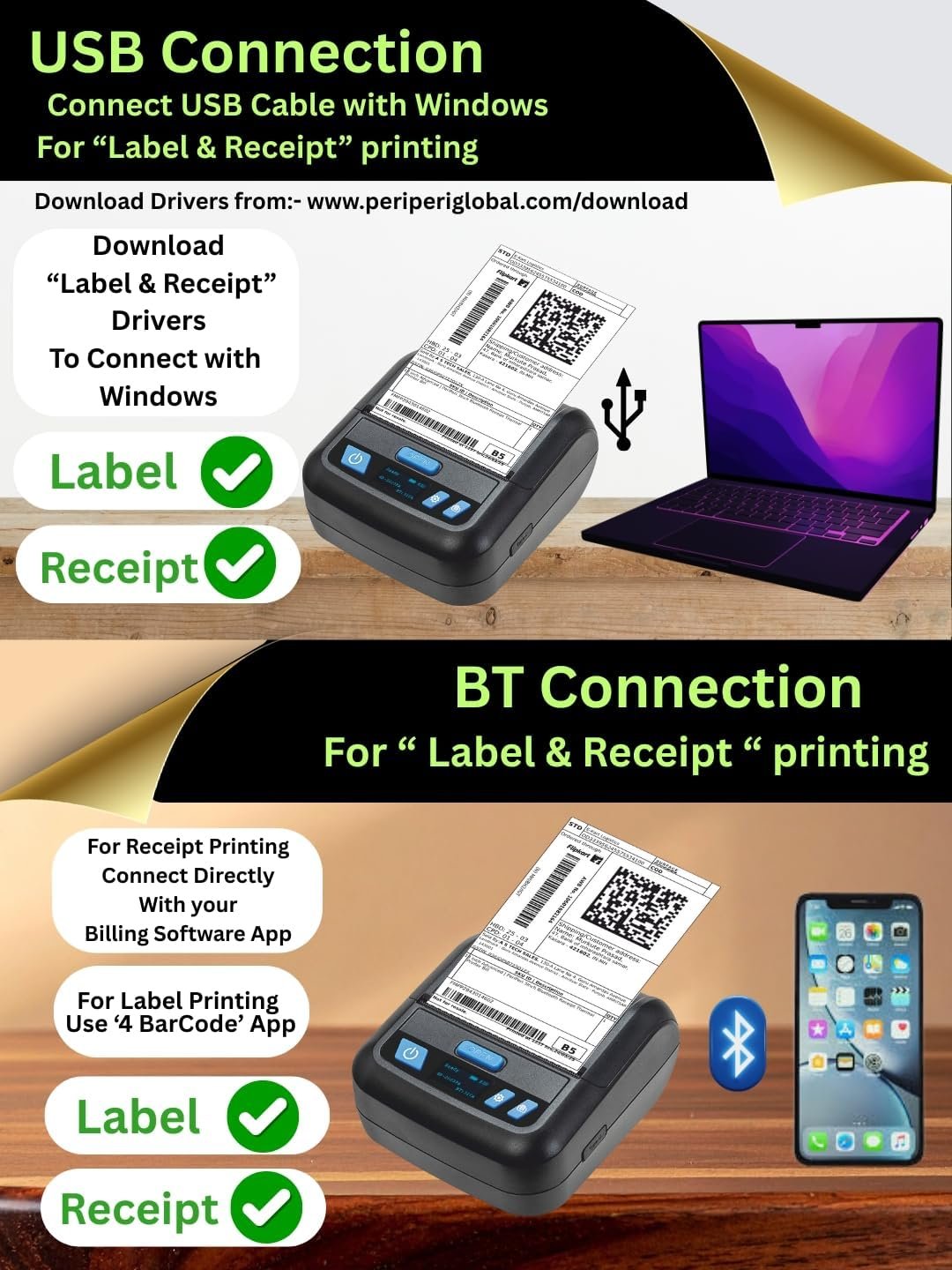 PeriPeri 3Inch Heavy Duty USB+Bluetooth Label + Receipt 2in1 Thermal Printer, Inkless Portable Printer for Print Labels Receipt Bill Compatible with iOS, Android, Windows & Mac (1 Year Warranty) - Image 3