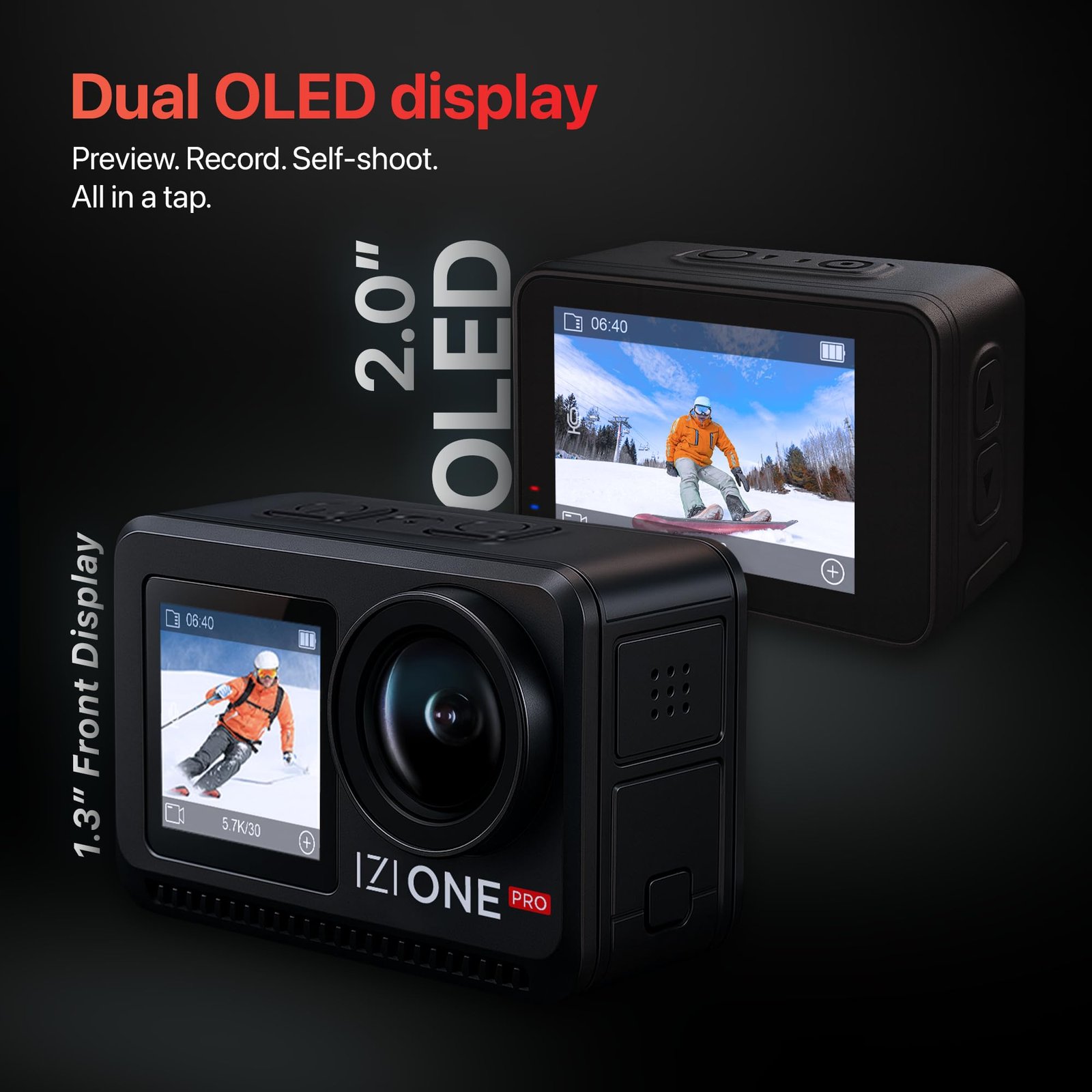 IZI One Pro 5.7k Action Camera | Ultra HD Sony STARVIS Sensor | 20M Body Waterproof | 2 x Battery with 240min Recording | Dual OLED, 6-Axis Gyro Stabilisation | HQ Mic Support | Reels, Vlogs & Bikes - Image 5