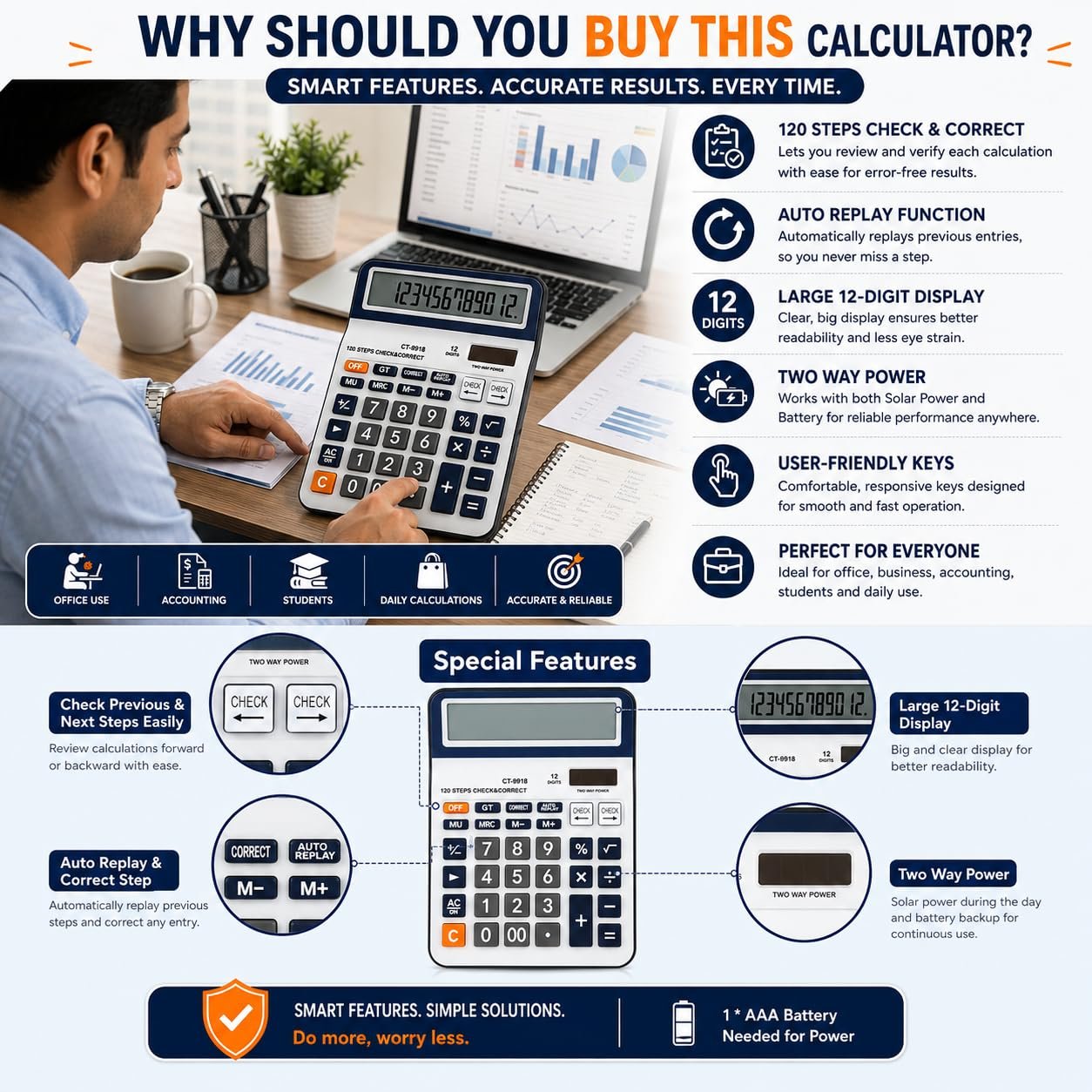 SOLDTRUE 12-Digit Desktop Calculator with Extra Large LCD | 120 Steps Check & Correct, Memory Recall, Dual Power, Big Buttons | for Office, School & Home (1 Pcs.) - Image 6