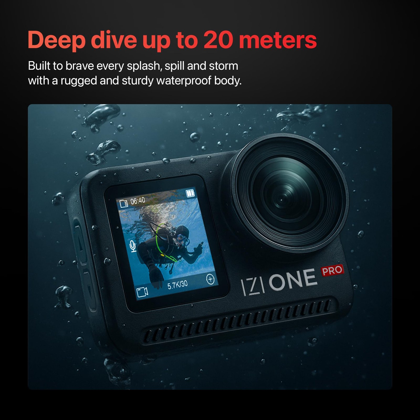 IZI One Pro 5.7k Action Camera | Ultra HD Sony STARVIS Sensor | 20M Body Waterproof | 2 x Battery with 240min Recording | Dual OLED, 6-Axis Gyro Stabilisation | HQ Mic Support | Reels, Vlogs & Bikes - Image 3