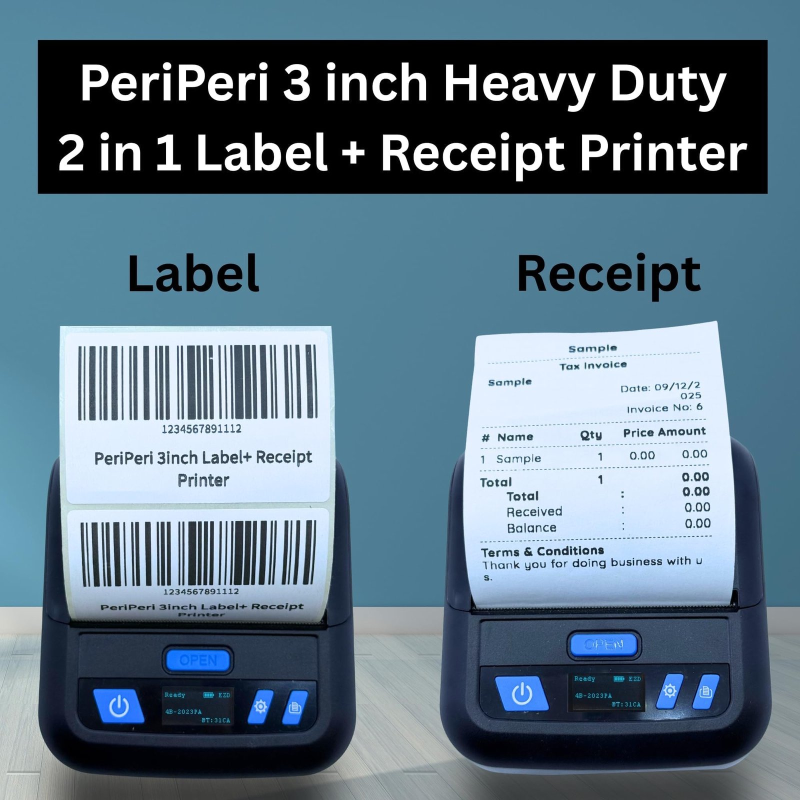 PeriPeri 3Inch Heavy Duty USB+Bluetooth Label + Receipt 2in1 Thermal Printer, Inkless Portable Printer for Print Labels Receipt Bill Compatible with iOS, Android, Windows & Mac (1 Year Warranty) - Image 2