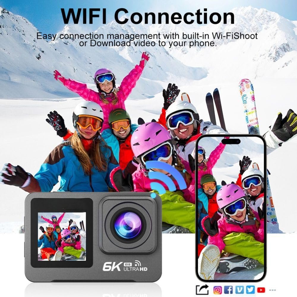 AJUK 6K Action Camera with 50MP Photos, EIS stabilization, Dual Touch Screens, WiFi, Remote Control, and 30M Waterproof case. Compatible with Android, iOS, Helmets, Bikes, Motorcycles, and tripods - Image 6