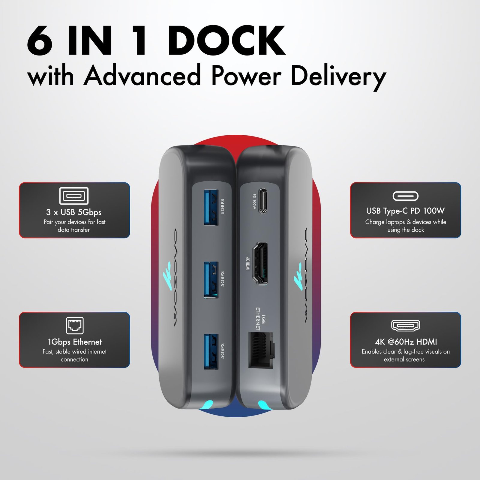 Type C 6 in 1 Wozoyo Docking Station with 3XUSB 5Gbps (3.2 Gen 1),4K@60Hz HDMI,1Gbps Ethernet & PD 100W,USB-C Hub,Thunderbolt 4 Compatible,Universal Compatibility with macOS, Windows, Android & iOS - Image 4