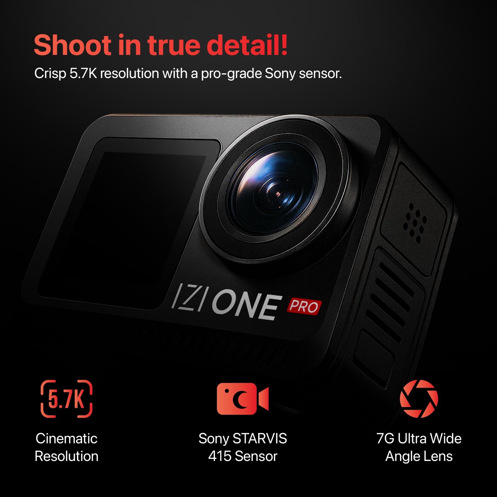 IZI One Pro 5.7k Action Camera | Ultra HD Sony STARVIS Sensor | 20M Body Waterproof | 2 x Battery with 240min Recording | Dual OLED, 6-Axis Gyro Stabilisation | HQ Mic Support | Reels, Vlogs & Bikes - Image 2