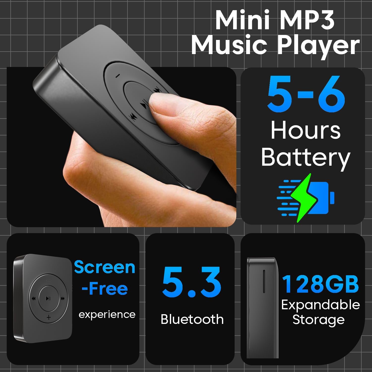 Sounce Bluetooth 128GB MP3 Player Built-in Speaker HiFi Lossless Portable Audio Player for Running Gym Travel Study Expandable 128GB Mini Music Player Screen-Free Digital Media Device Matte Black - Image 2
