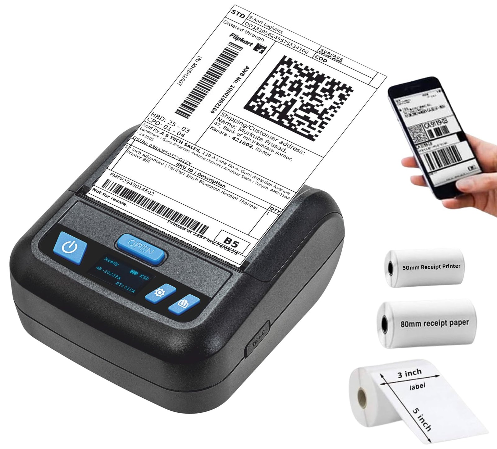 PeriPeri 3Inch Heavy Duty USB+Bluetooth Label + Receipt 2in1 Thermal Printer, Inkless Portable Printer for Print Labels Receipt Bill Compatible with iOS, Android, Windows & Mac (1 Year Warranty)