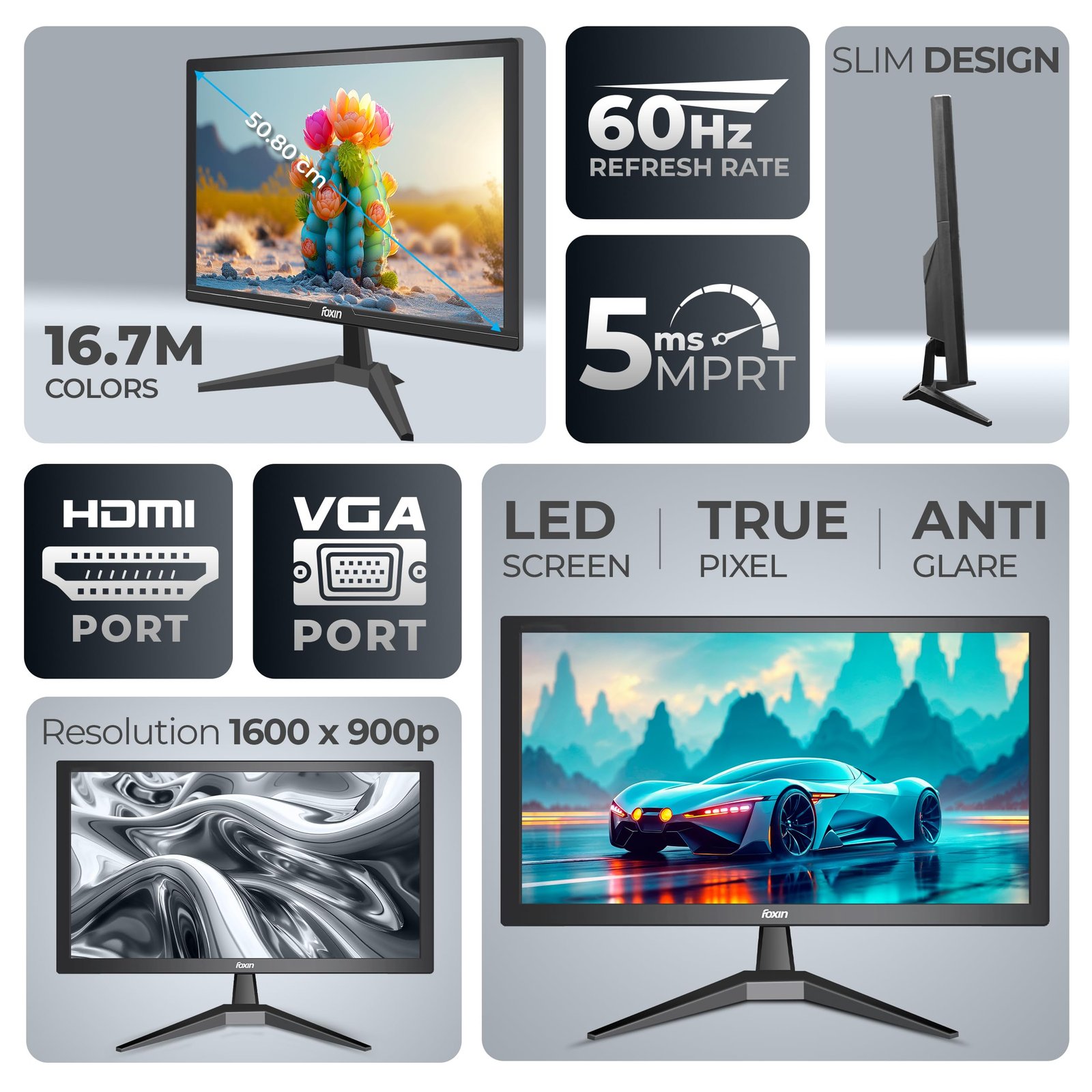 Foxin 20.5 inch (52.07 cm) Crystal Flat LED Monitor | HD 1600 x 900p True Pixel Display | HDMI & VGA Input | 5ms | 60Hz | Slim & Wall Mountable | 16.7M Colors | Desktop/Office/CCTV Use | Black - Image 2