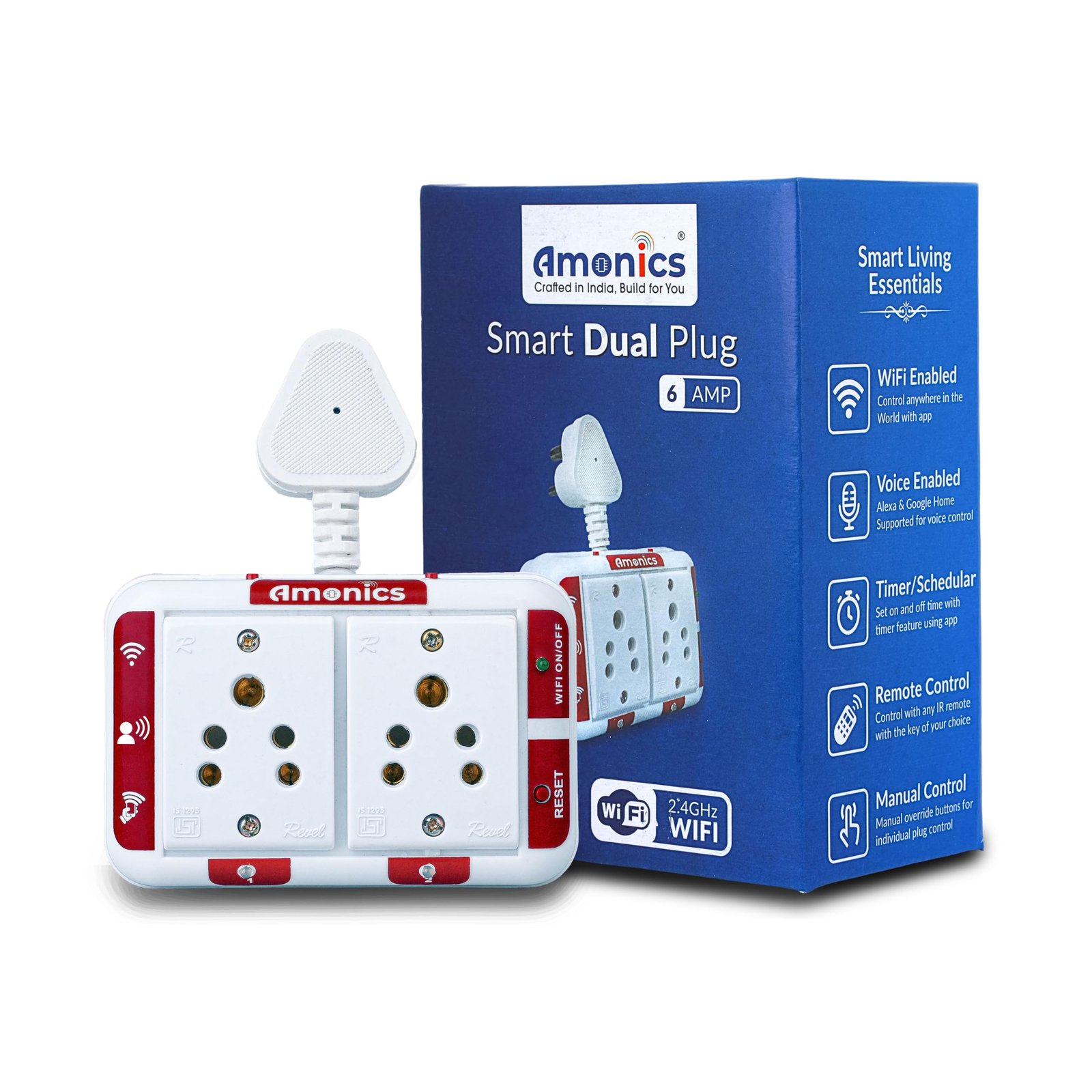 Amonics Smart Plug 6amp Dual Node - Up to 500W per Plug, Compact & Hub-Free, App Controlled, Compatible with Alexa & Google Home - Voice Enabled Smart Home Socket (White)