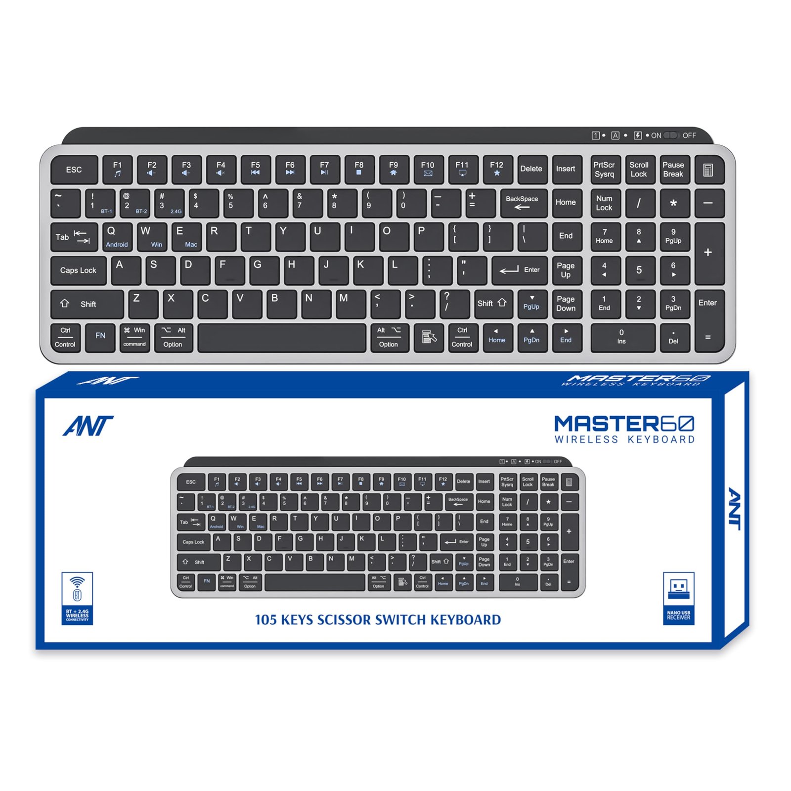 Ant Master 60 Wireless Keyboard, Bluetooth 3.0 & 2.4GHz Connectivity, Silent Scissor Switch Typing Keys, Rechargeable Battery, Multi Device Support Windows Mac Android iOS, Compact Keyboard_Black Grey - Image 9