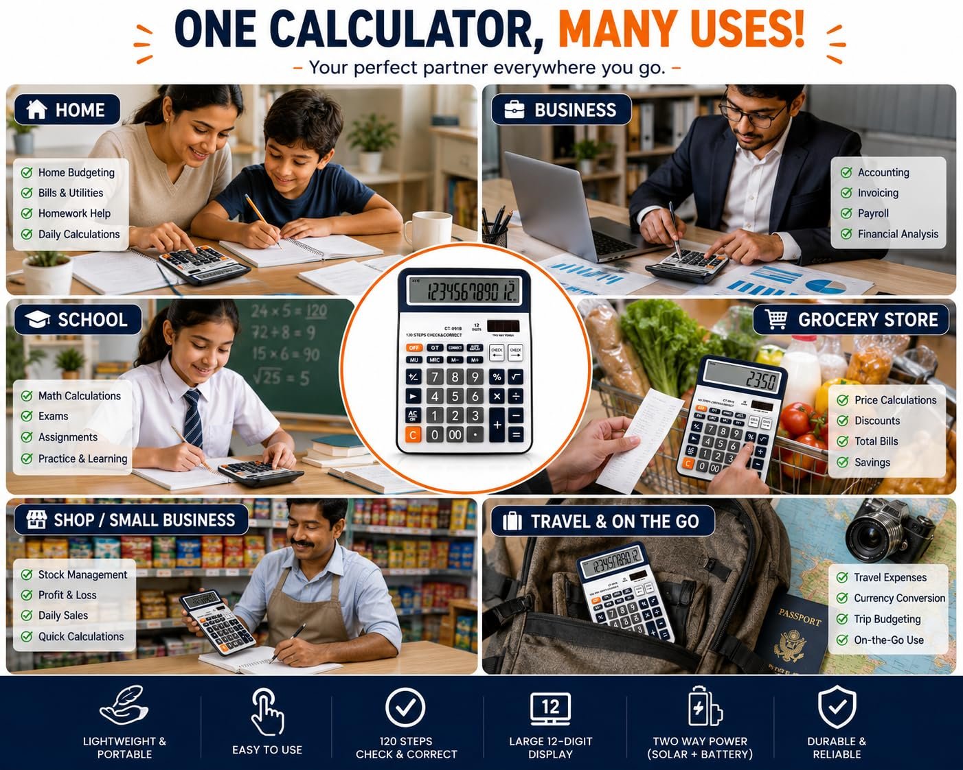 SOLDTRUE 12-Digit Desktop Calculator with Extra Large LCD | 120 Steps Check & Correct, Memory Recall, Dual Power, Big Buttons | for Office, School & Home (1 Pcs.) - Image 9