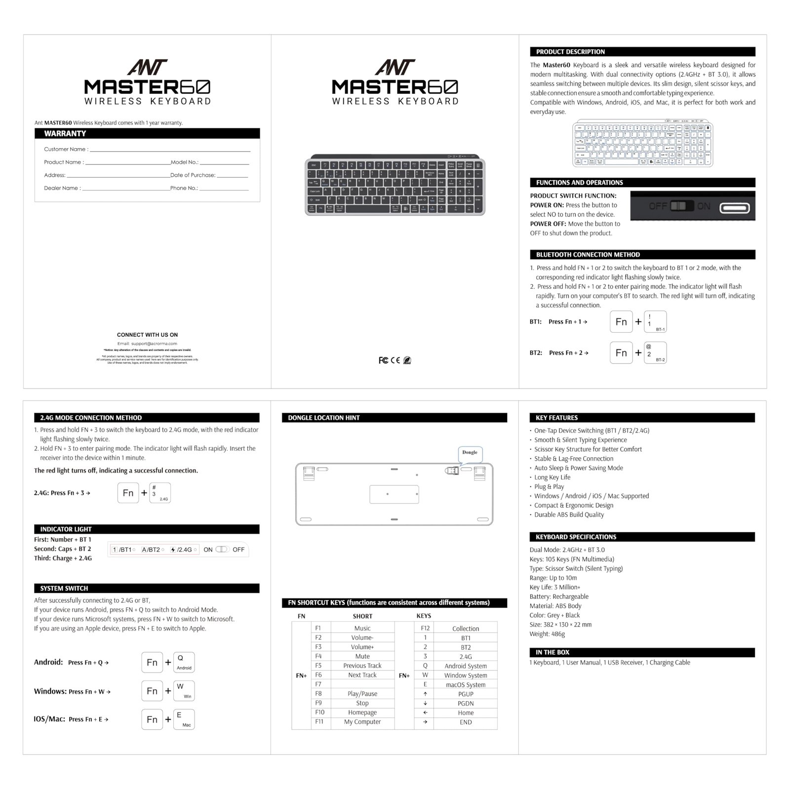 Ant Master 60 Wireless Keyboard, Bluetooth 3.0 & 2.4GHz Connectivity, Silent Scissor Switch Typing Keys, Rechargeable Battery, Multi Device Support Windows Mac Android iOS, Compact Keyboard_Black Grey - Image 8