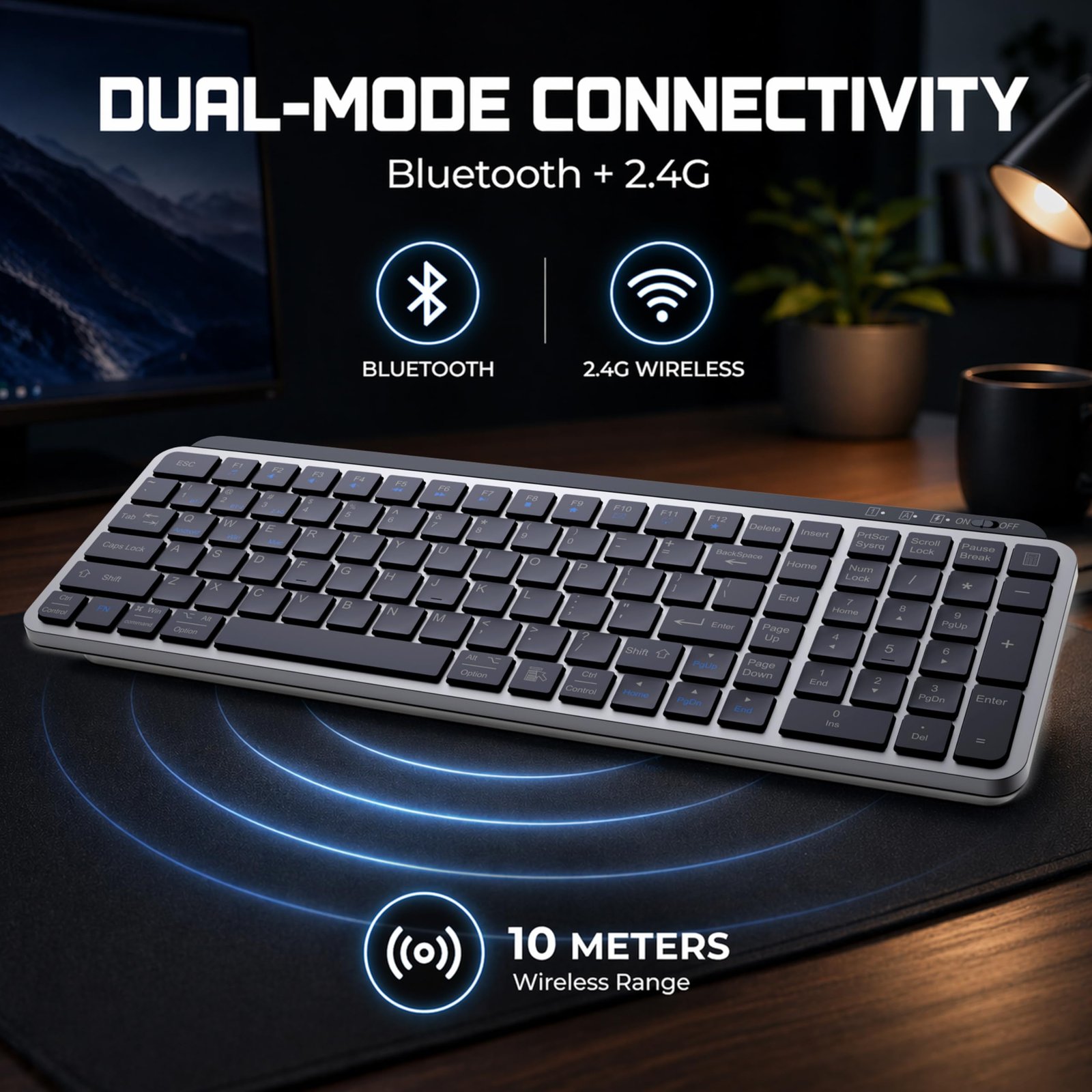 Ant Master 60 Wireless Keyboard, Bluetooth 3.0 & 2.4GHz Connectivity, Silent Scissor Switch Typing Keys, Rechargeable Battery, Multi Device Support Windows Mac Android iOS, Compact Keyboard_Black Grey - Image 2