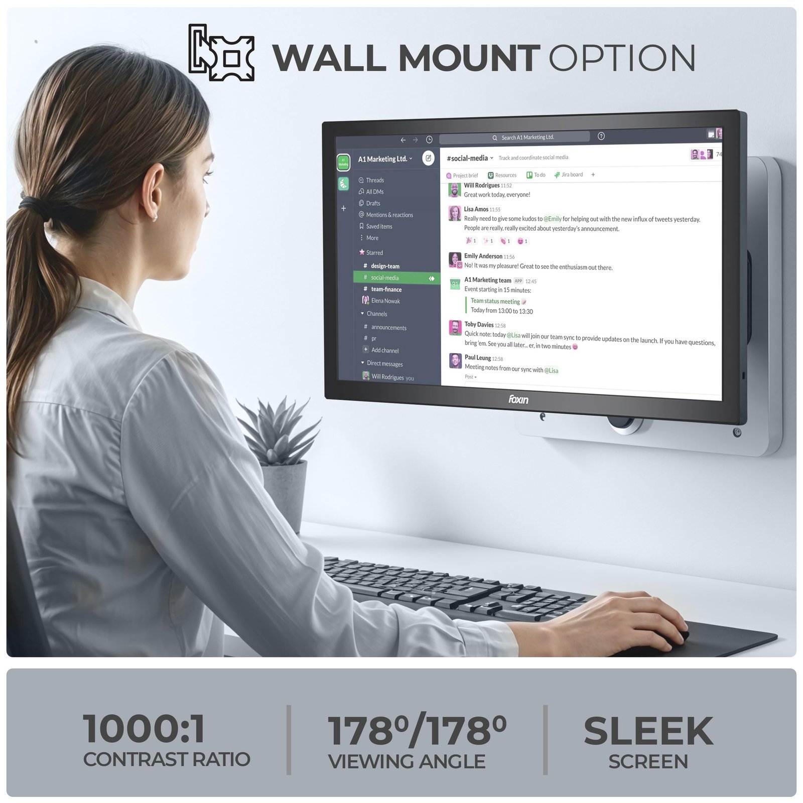 Foxin 20.5 inch (52.07 cm) Crystal Flat LED Monitor | HD 1600 x 900p True Pixel Display | HDMI & VGA Input | 5ms | 60Hz | Slim & Wall Mountable | 16.7M Colors | Desktop/Office/CCTV Use | Black - Image 6