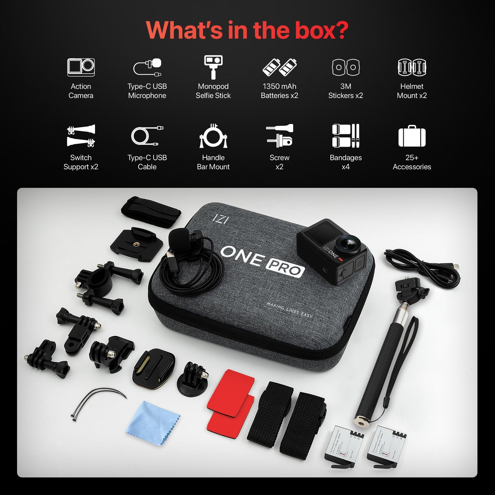 IZI One Pro 5.7k Action Camera | Ultra HD Sony STARVIS Sensor | 20M Body Waterproof | 2 x Battery with 240min Recording | Dual OLED, 6-Axis Gyro Stabilisation | HQ Mic Support | Reels, Vlogs & Bikes - Image 8