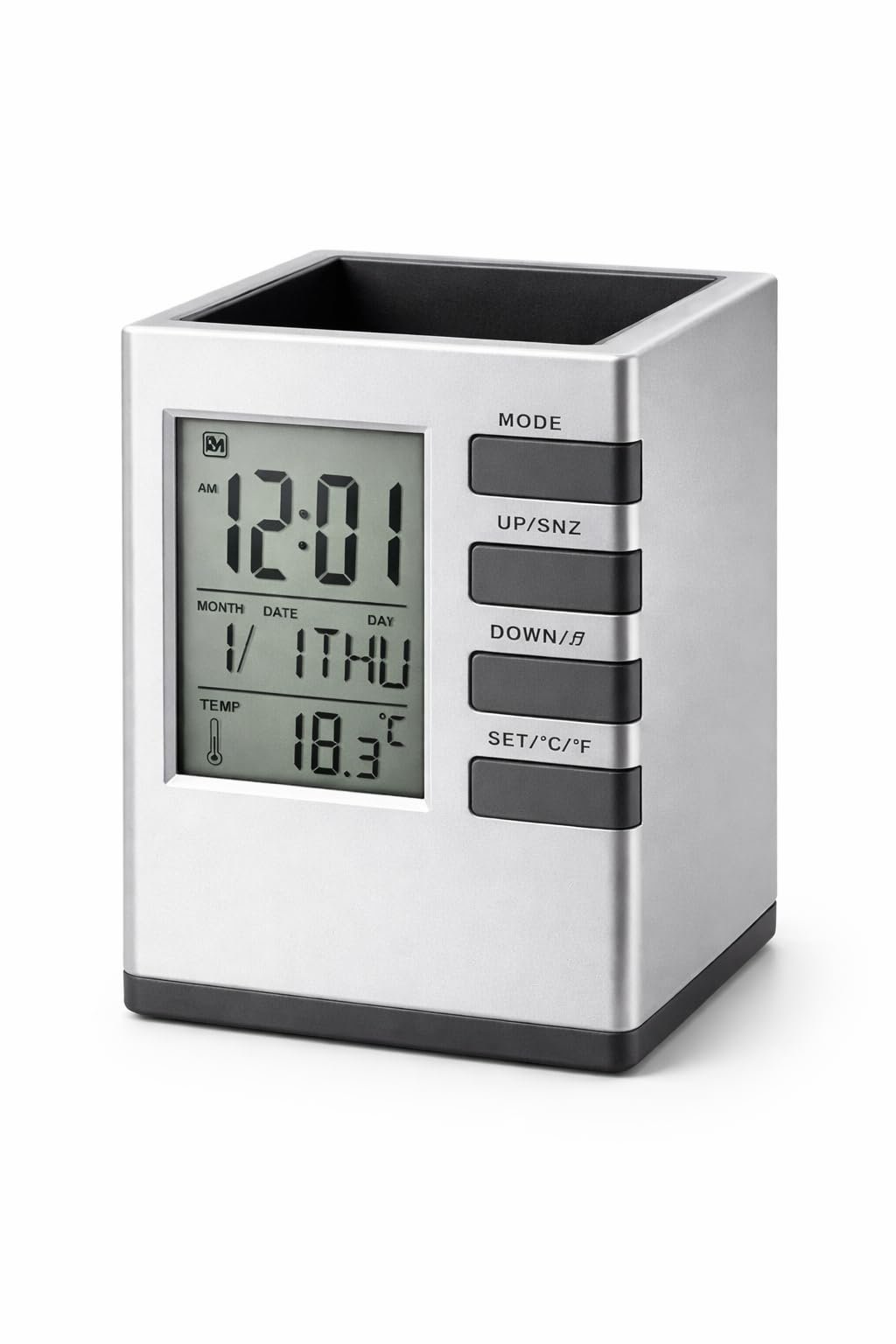 Silver Cube Digital Pen Stand Desk Organizer with Clock, Silver and Black Pen Holder with Temperature Display, Calendar, Alarm, Countdown Timer for Office and Home