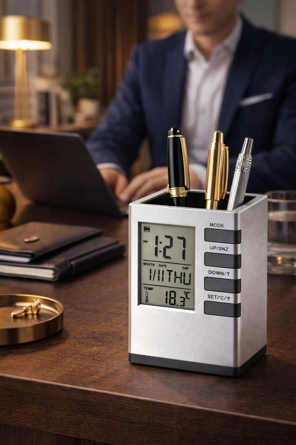 Silver Cube Digital Pen Stand Desk Organizer with Clock, Silver and Black Pen Holder with Temperature Display, Calendar, Alarm, Countdown Timer for Office and Home - Image 4