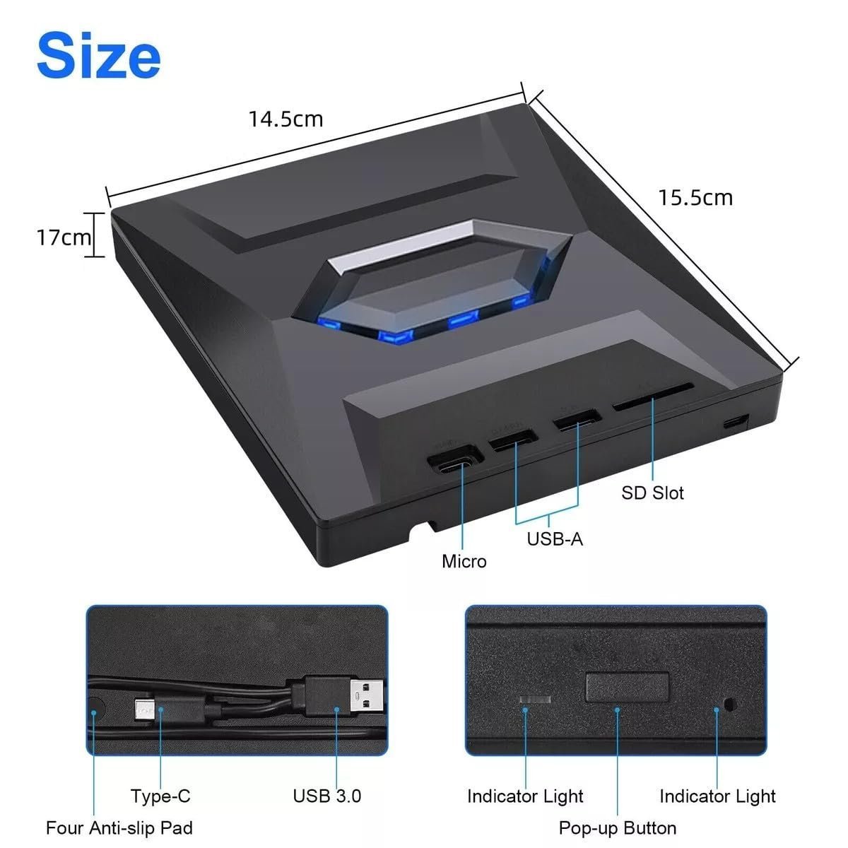 5 in 1 External CD DVD Drive USB 3.0 & Type-C Player Burner Portable +/-RW Disc Reader Writer With SD Card Slot and USB Ports for Laptop, Desktop, PC, Windows, Apple Mac, Computer - Image 3