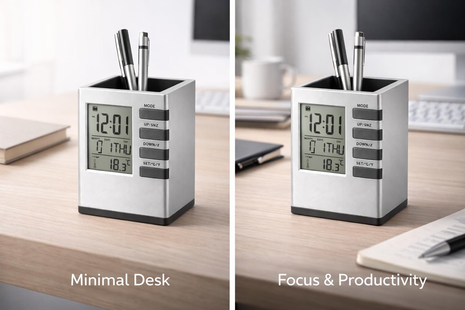 Silver Cube Digital Pen Stand Desk Organizer with Clock, Silver and Black Pen Holder with Temperature Display, Calendar, Alarm, Countdown Timer for Office and Home - Image 3