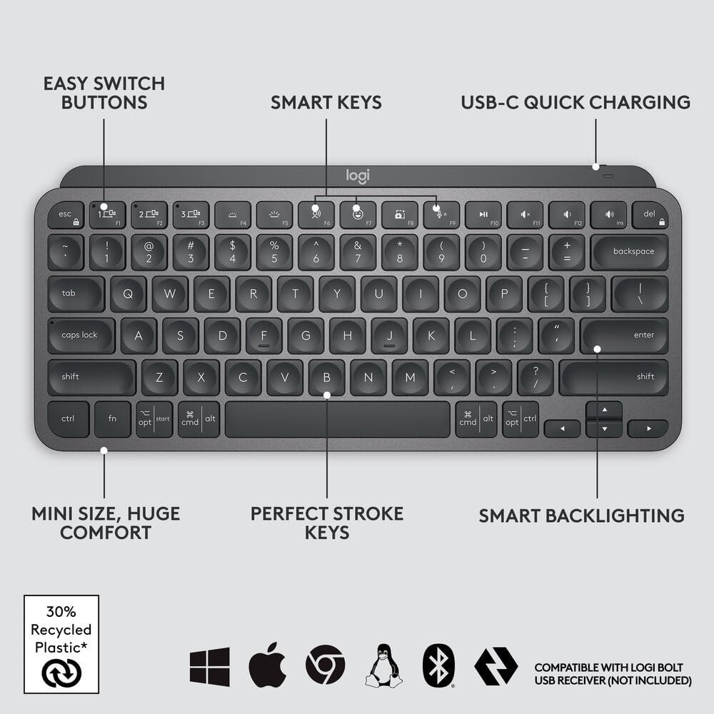 MX Keys Mini Minimalist Wireless Illuminated Keyboard with Free Adobe Subscription, Compact, Bluetooth, Backlit, USB-C, Metal Build-Graphite - Image 4