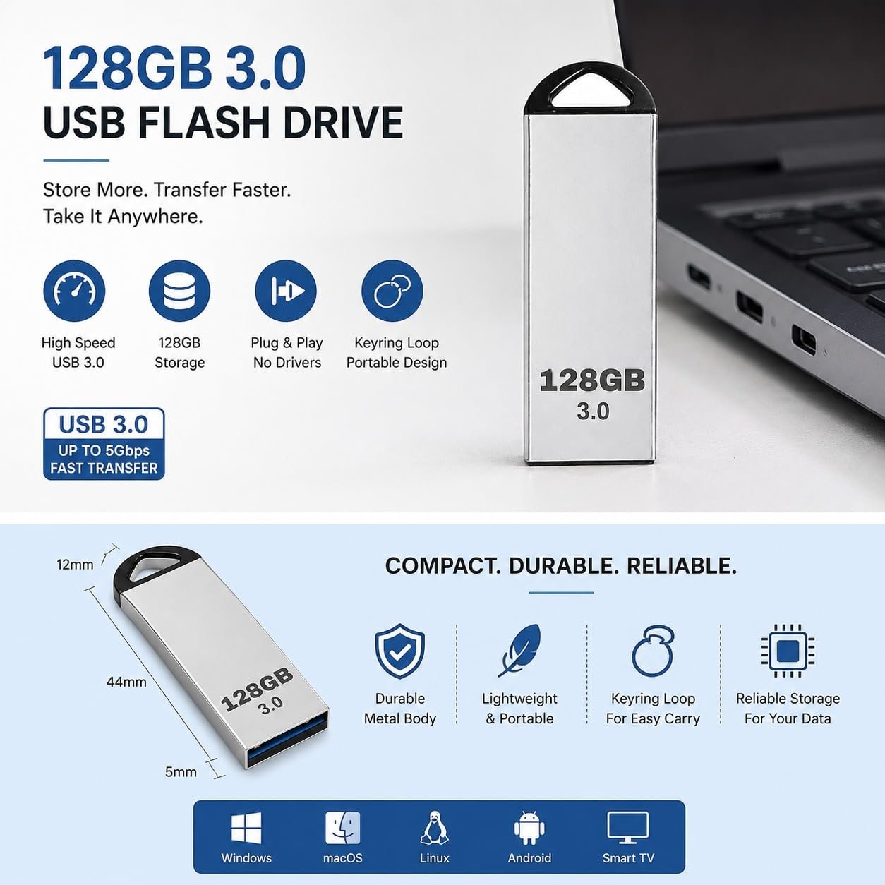 USB 2.0/3.0 Flash Drive with 128 GB Capacity | High Speed, Metal Pen Drive - Image 5