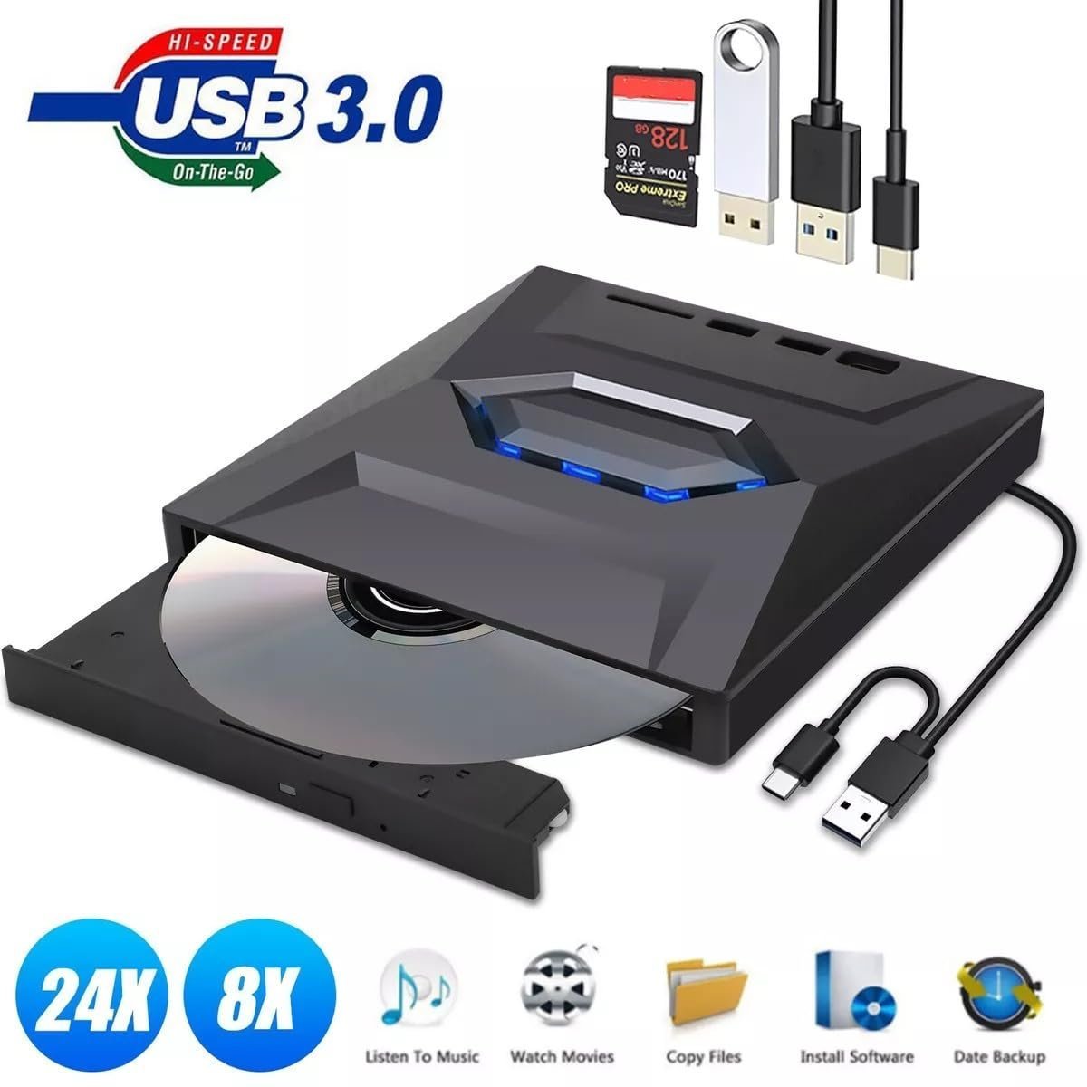 5 in 1 External CD DVD Drive USB 3.0 & Type-C Player Burner Portable +/-RW Disc Reader Writer With SD Card Slot and USB Ports for Laptop, Desktop, PC, Windows, Apple Mac, Computer - Image 4