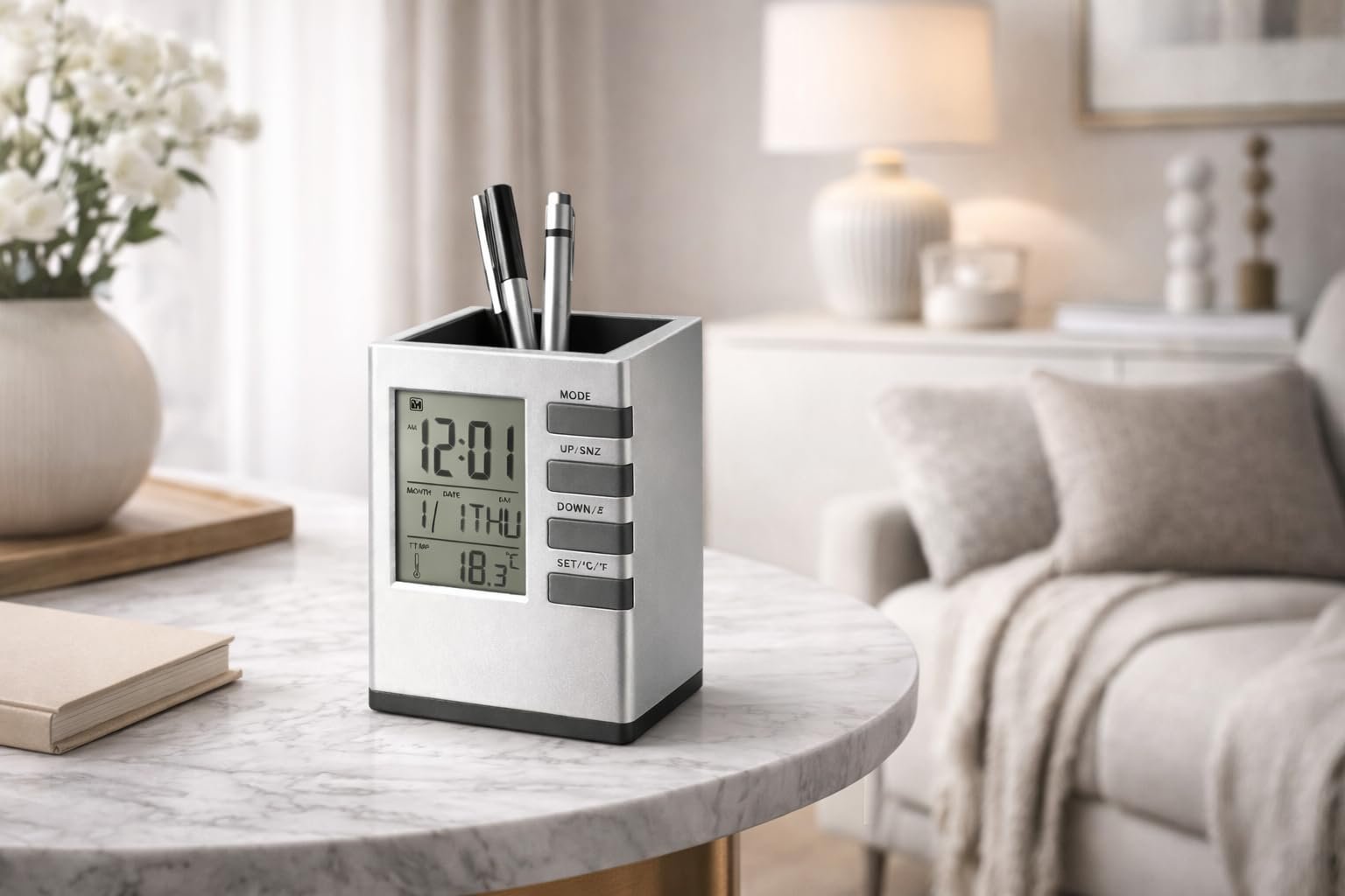 Silver Cube Digital Pen Stand Desk Organizer with Clock, Silver and Black Pen Holder with Temperature Display, Calendar, Alarm, Countdown Timer for Office and Home - Image 6