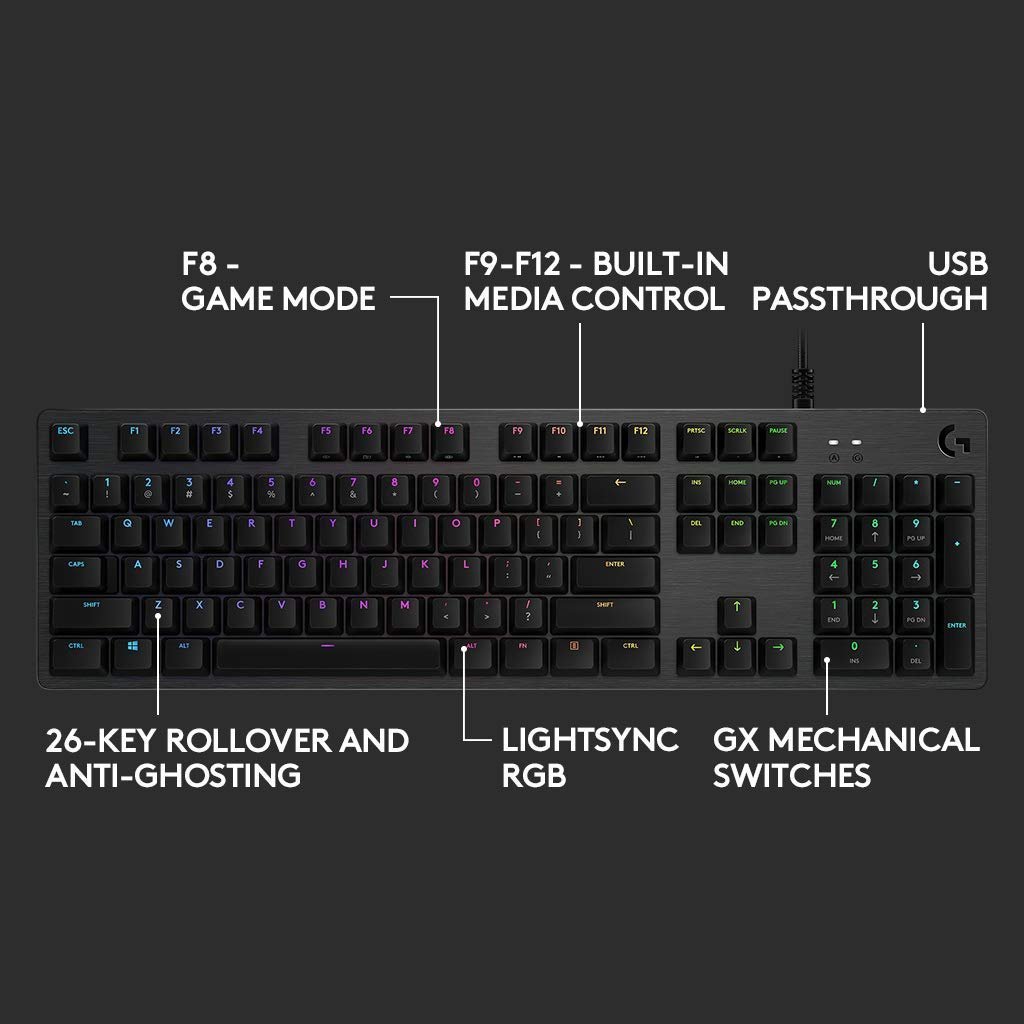 Logitech G512 Mechanical Gaming Keyboard,RGB Lightsync Backlit Keys,GX Brown Tactile Key Switches,Brushed Aluminum Case,Customizable F-Keys,USB Pass Through - Black - Image 6