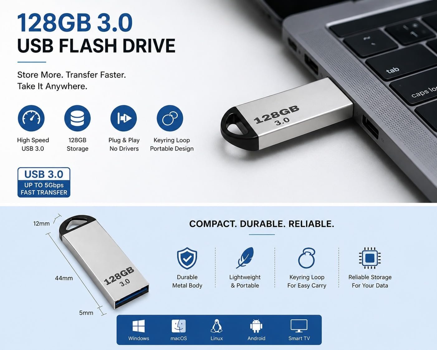 USB 2.0/3.0 Flash Drive with 128 GB Capacity | High Speed, Metal Pen Drive - Image 3
