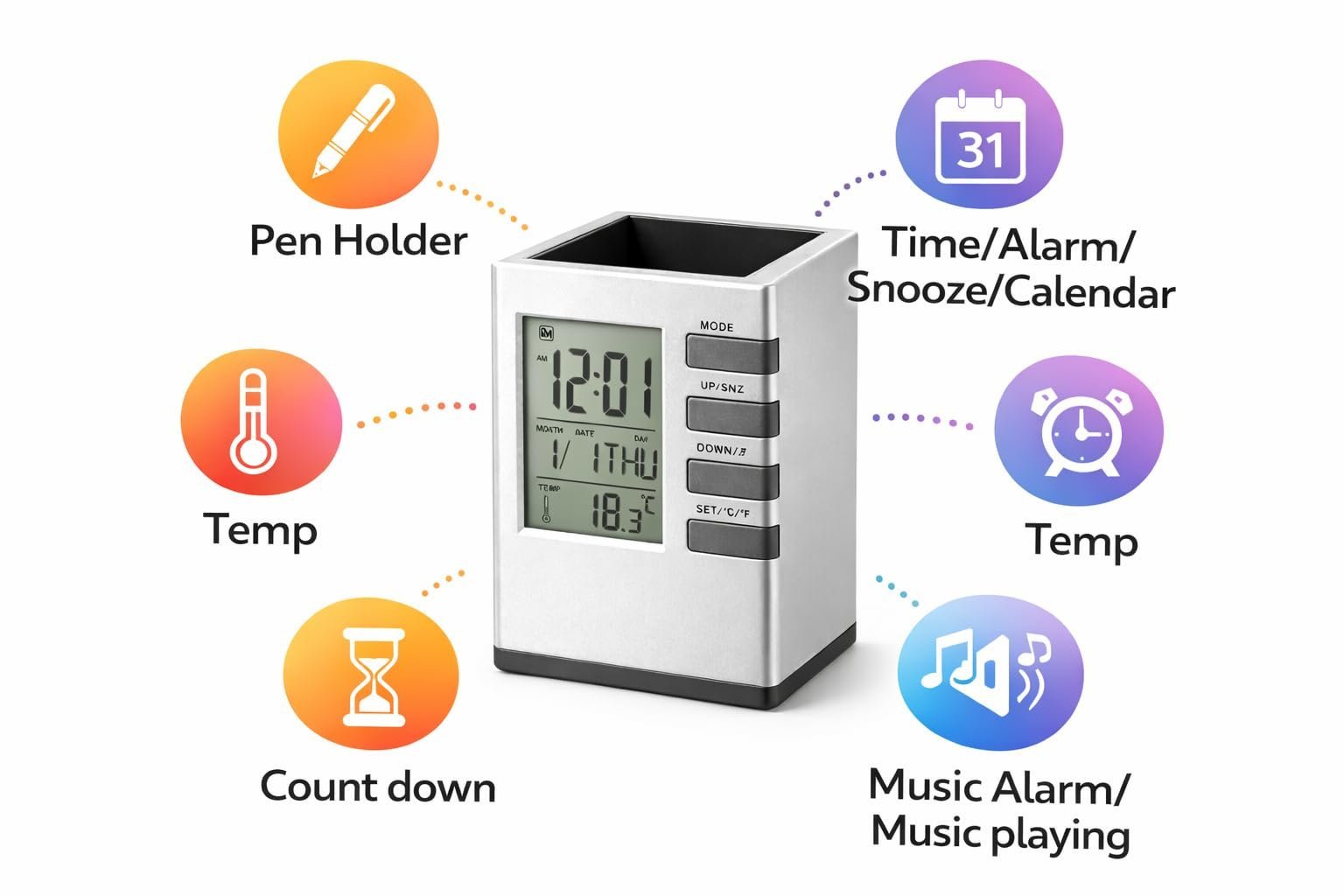 Silver Cube Digital Pen Stand Desk Organizer with Clock, Silver and Black Pen Holder with Temperature Display, Calendar, Alarm, Countdown Timer for Office and Home - Image 2