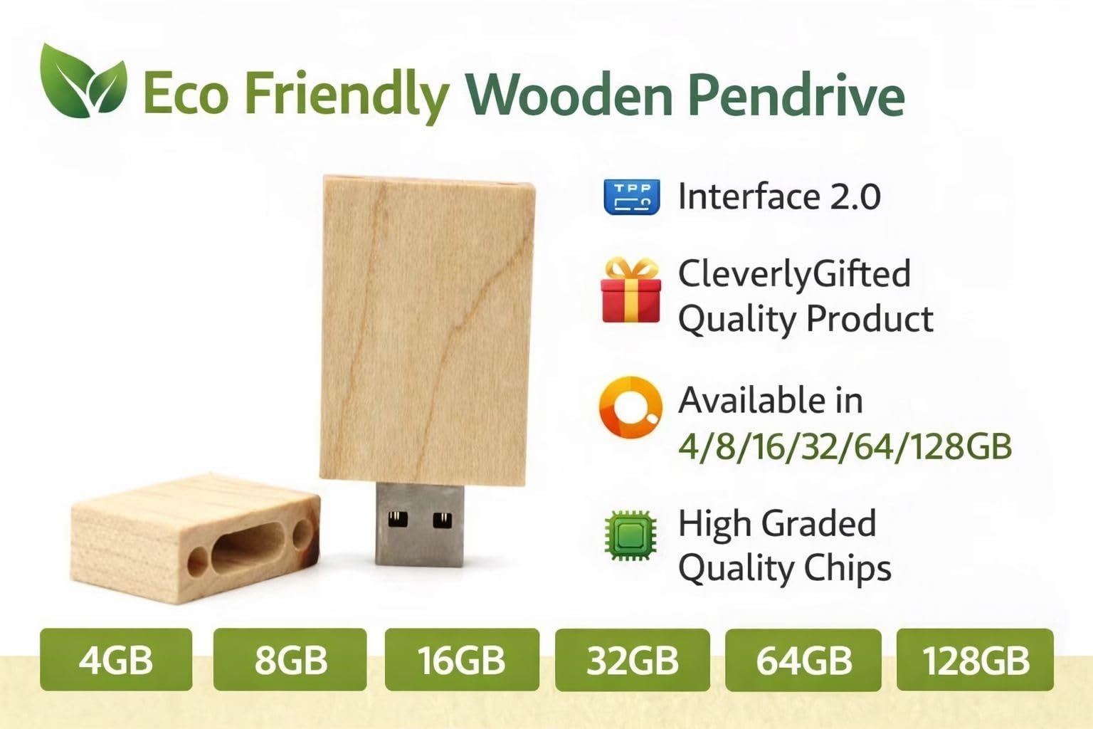 CleverlyGifted® 64GB Wooden Pen Drive | Natural Wood Finish | Minimalist Design | USB 2.0, Speed up to 10 Mbps | Ideal Corporate Gifting Product | 1 Pc - Image 3