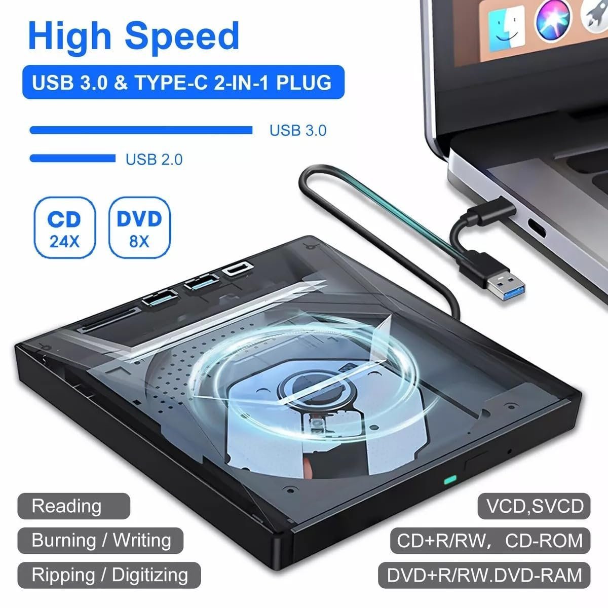 5 in 1 External CD DVD Drive USB 3.0 & Type-C Player Burner Portable +/-RW Disc Reader Writer With SD Card Slot and USB Ports for Laptop, Desktop, PC, Windows, Apple Mac, Computer - Image 5